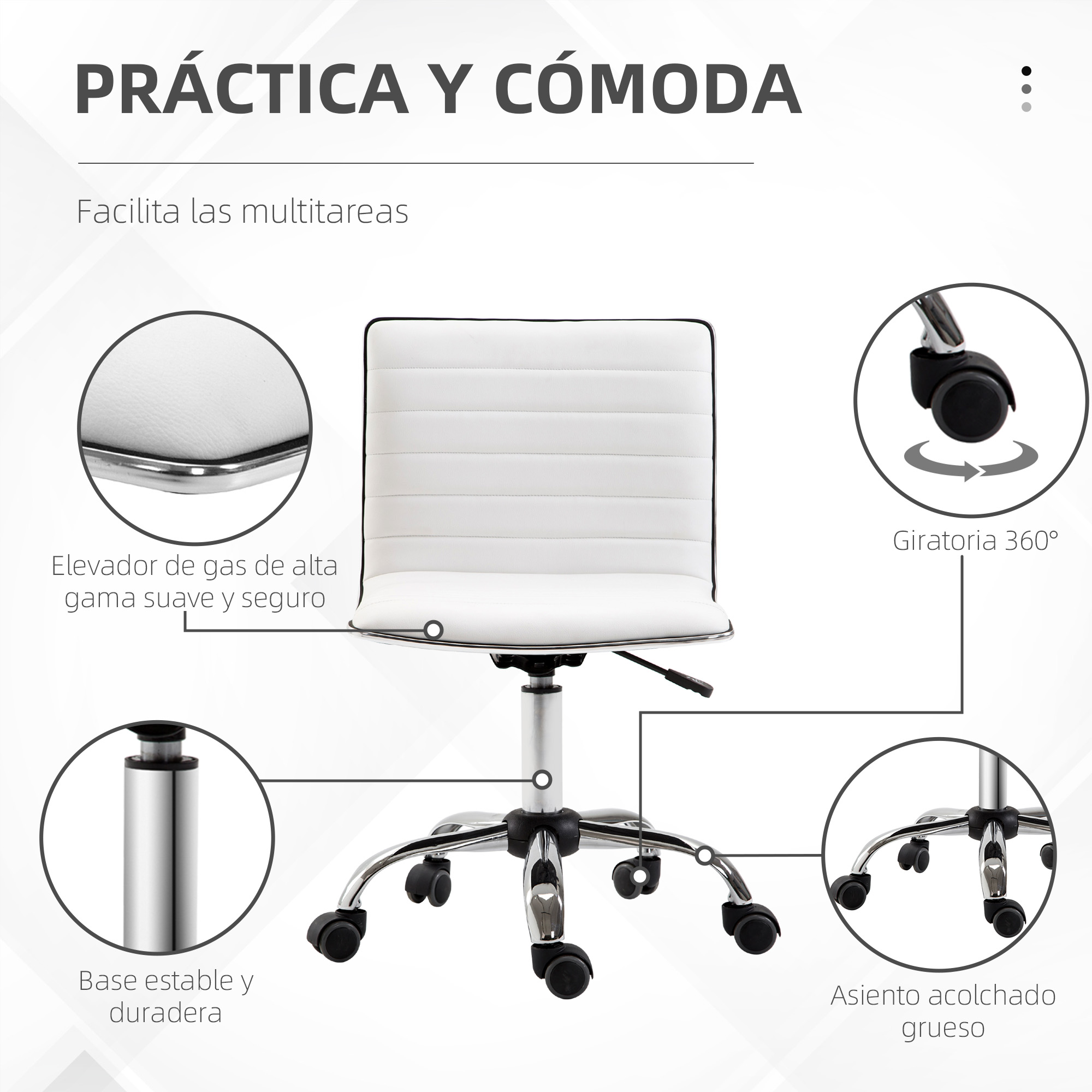 Diagrama de una silla de oficina blanca con varias características resaltadas y etiquetadas.