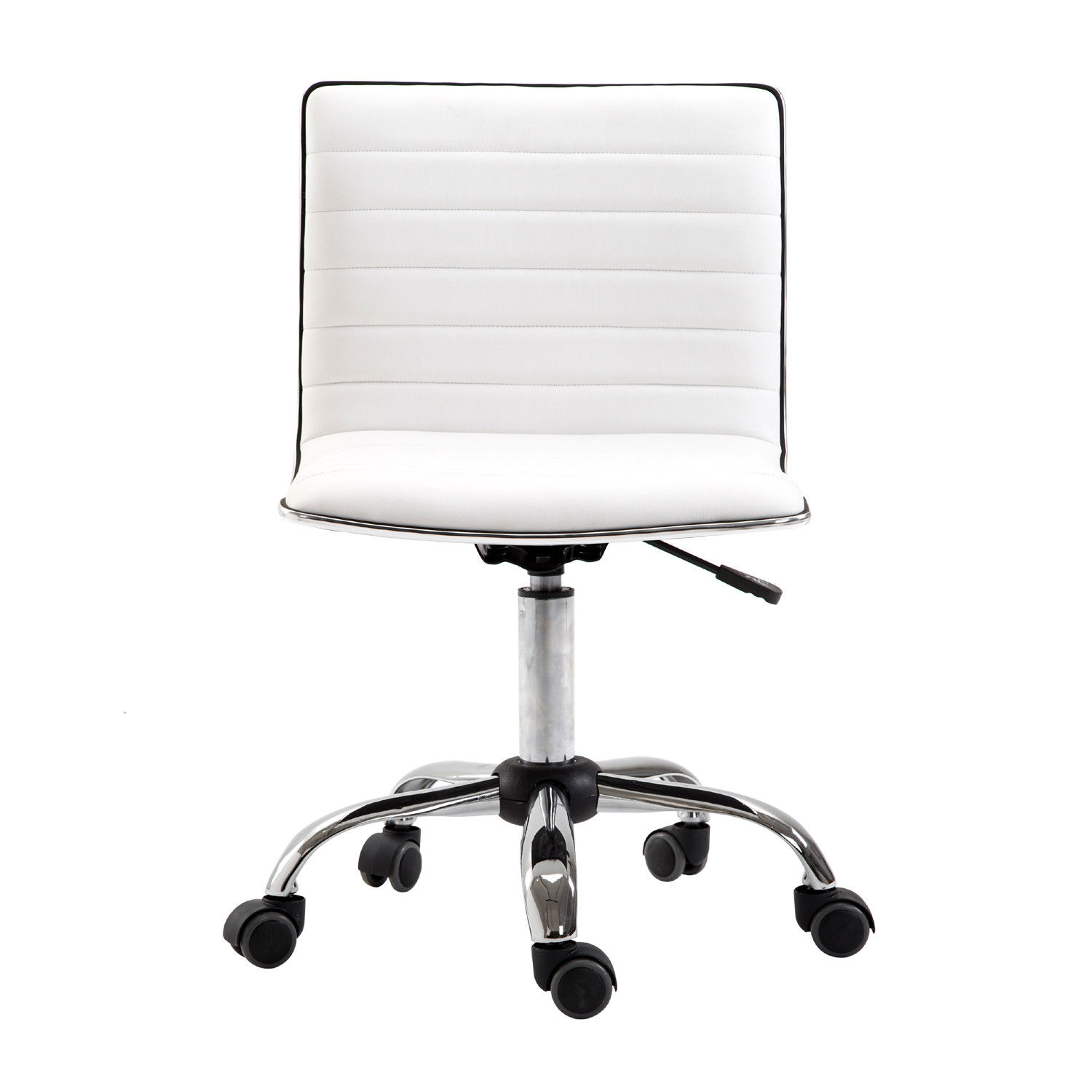 Silla de oficina blanca con base cromada. Tiene asiento blanco y ribete negro.