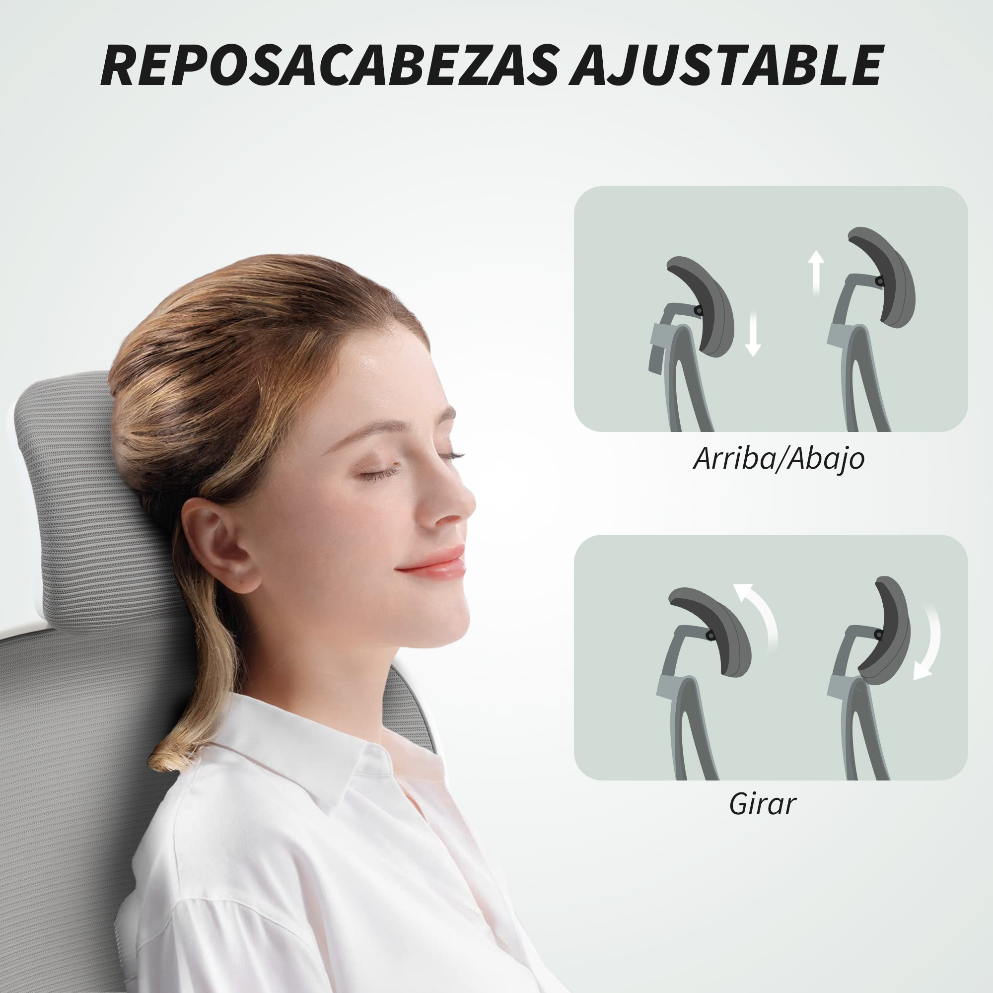 Mujer usando un reposacabezas ajustable. El reposacabezas se ajusta arriba y abajo, y gira.