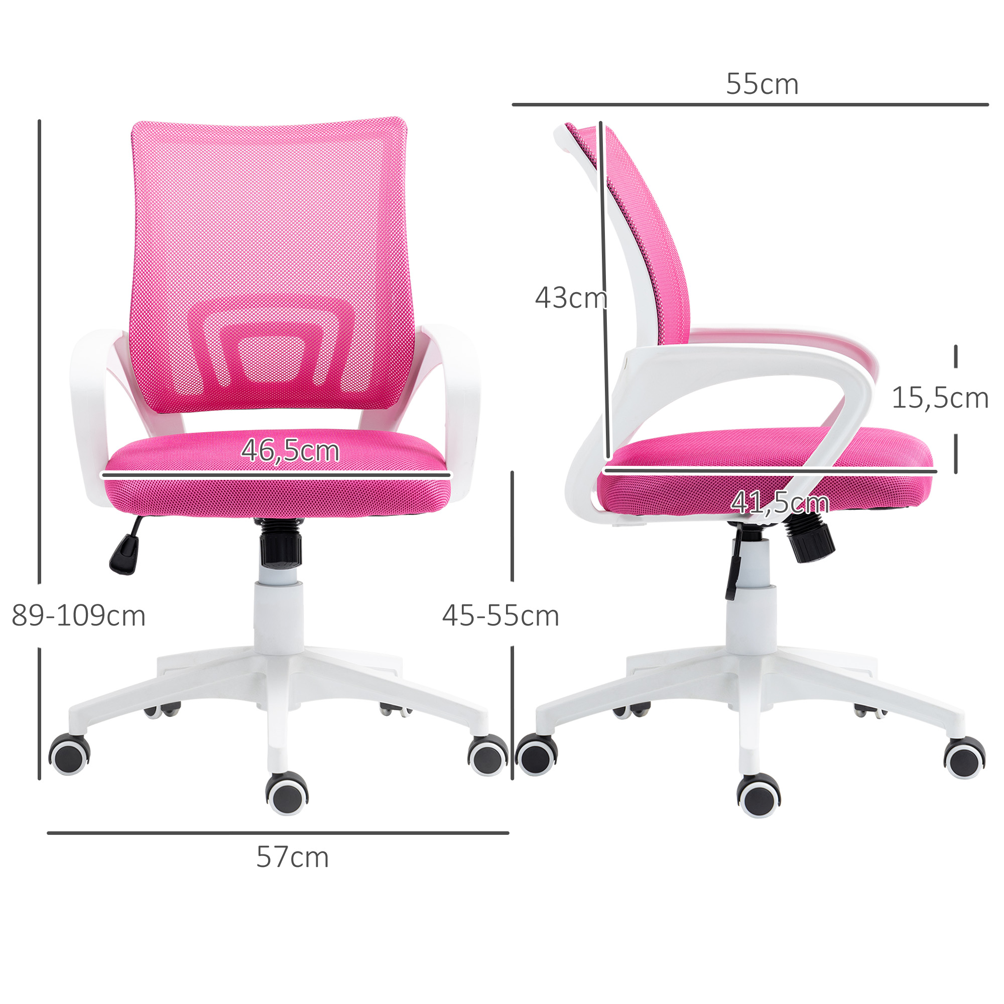 Silla de oficina rosa con respaldo de malla, mostrando dimensiones en cm.