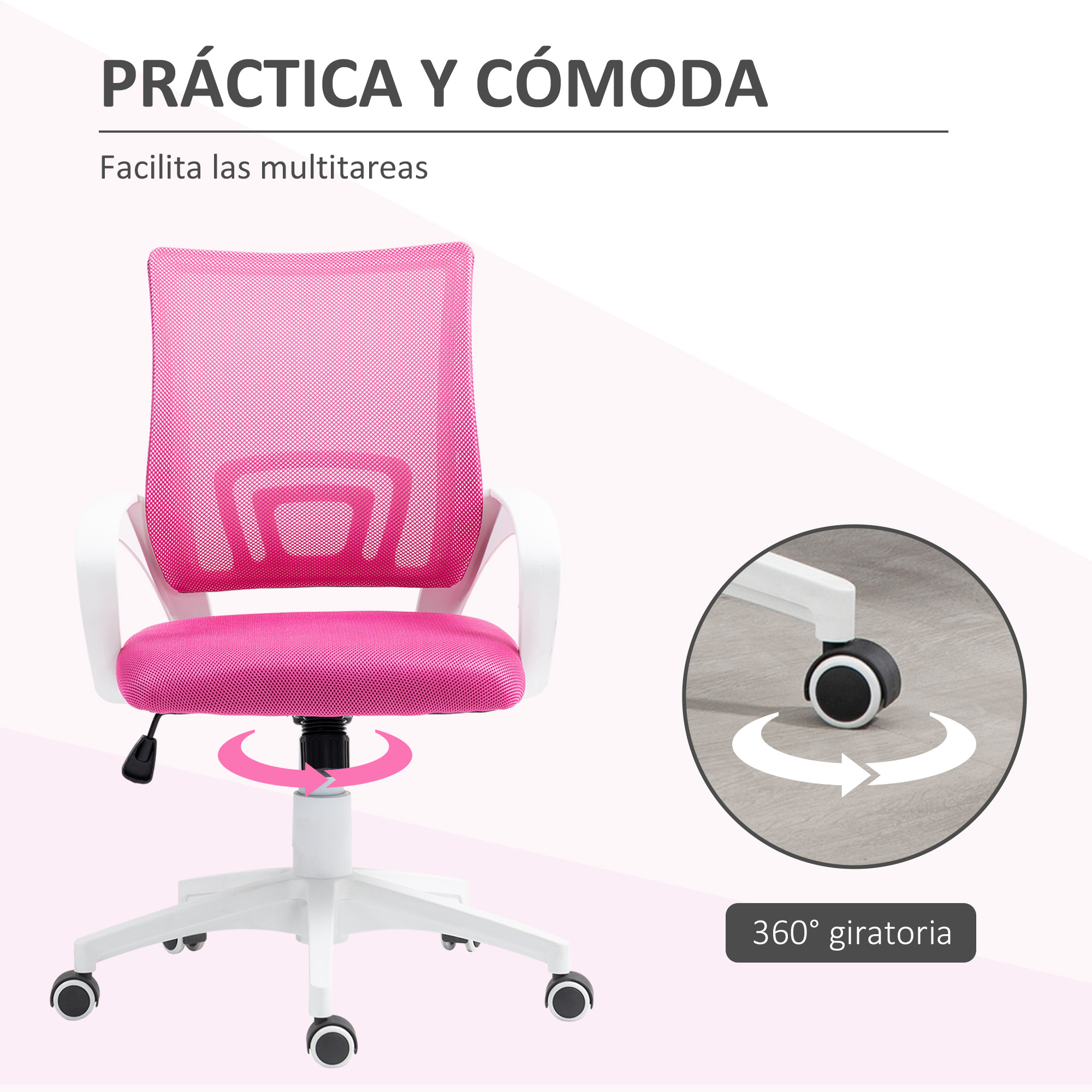 Una silla de oficina rosa y blanca con respaldo de malla. Se muestra girando y tiene un giro de 360°.