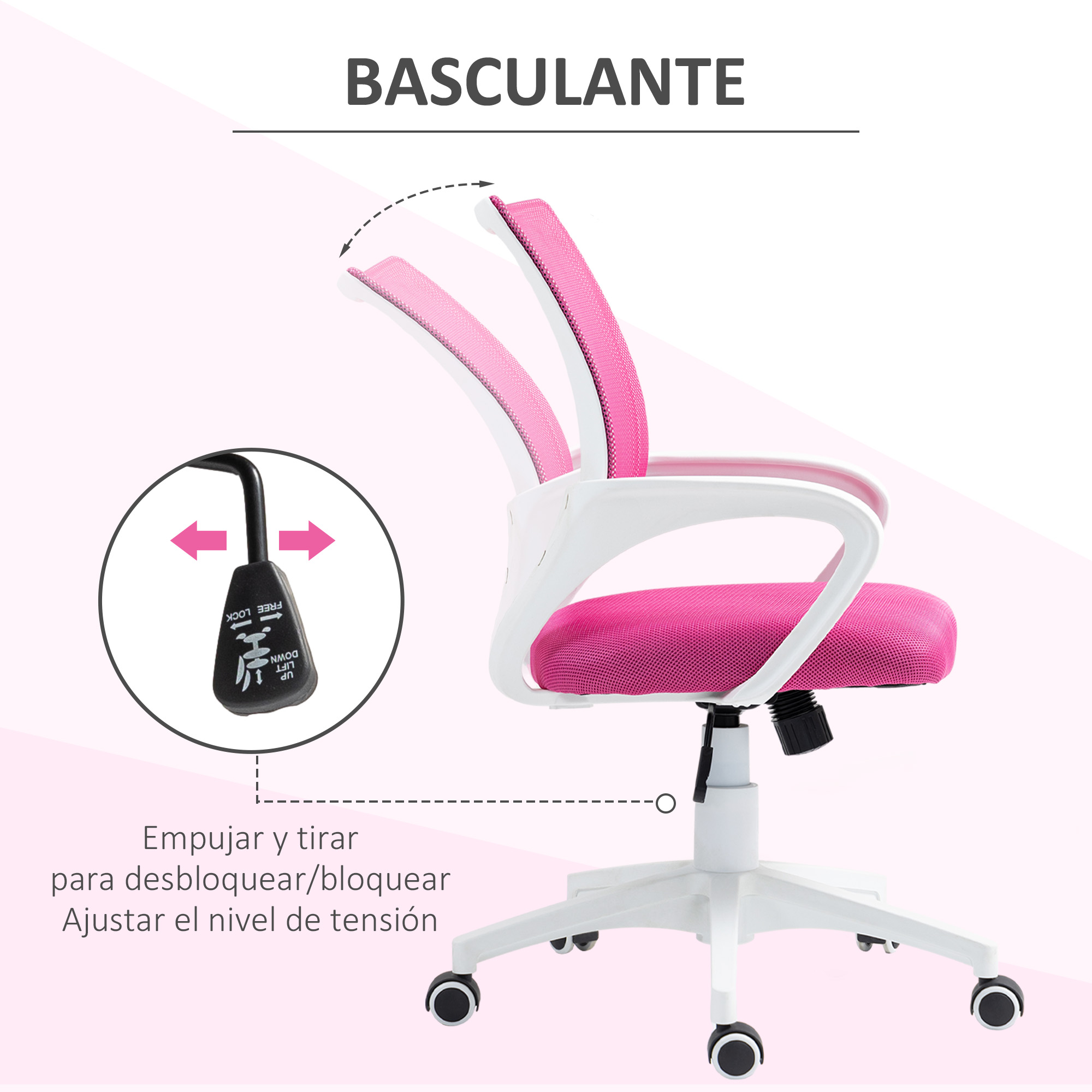 Silla de oficina rosa y blanca con respaldo de malla. El texto indica que es una silla 'Basculante'.