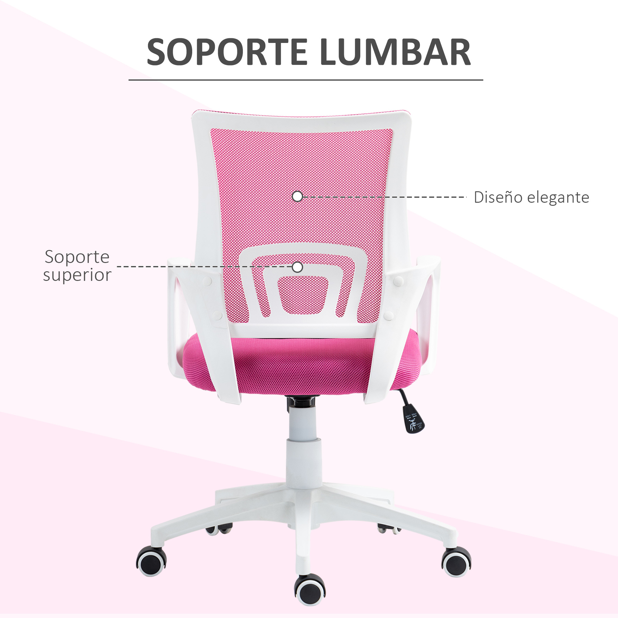 Primer plano del respaldo de una silla de oficina rosa y blanca. La silla muestra las características de soporte lumbar.