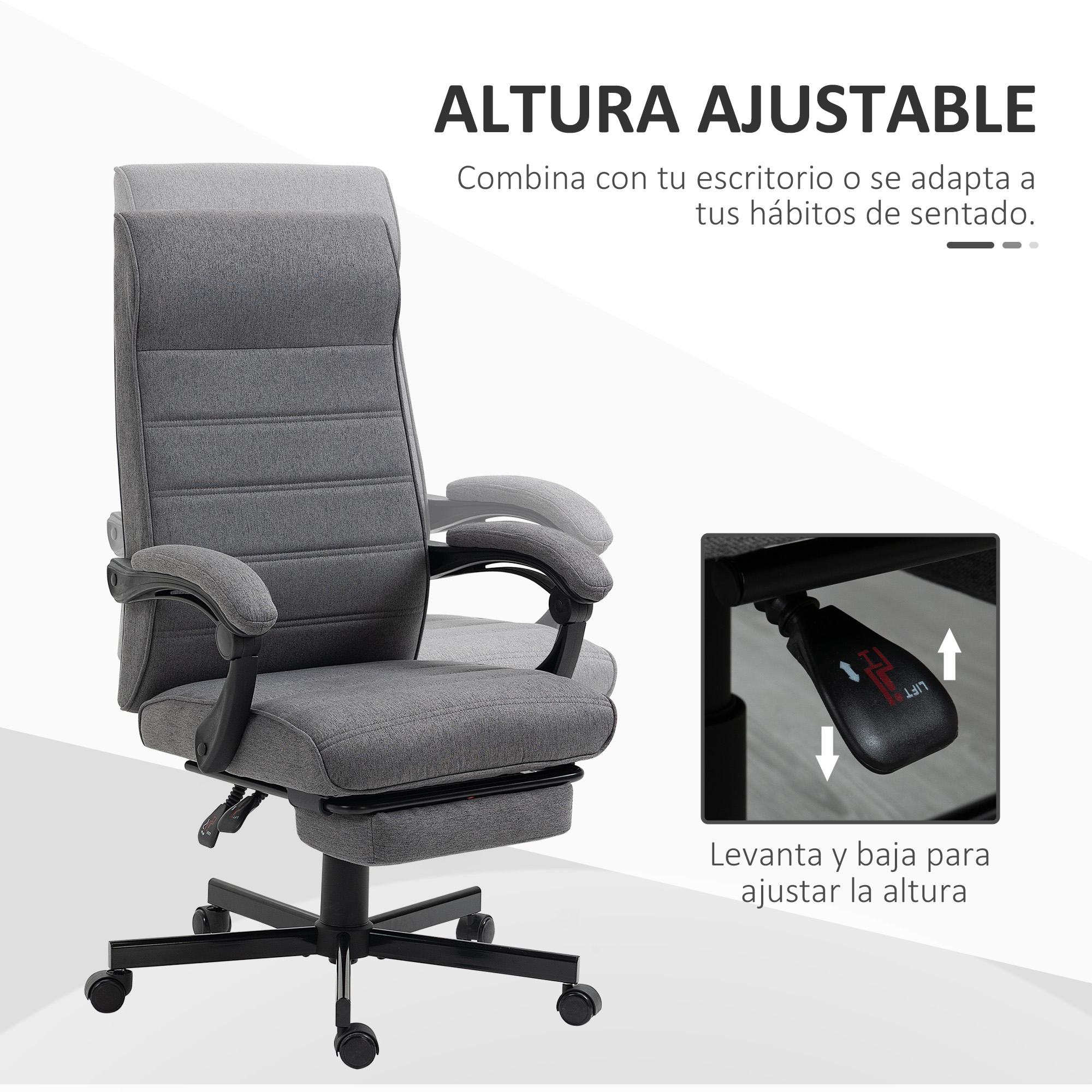 Silla de oficina gris con altura ajustable. Cuenta con reposabrazos y reposapiés. Base negra con ruedas.