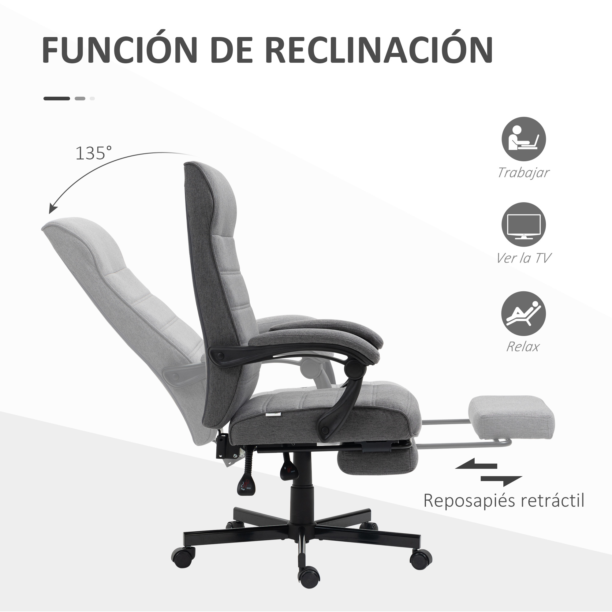 Silla de oficina reclinable con reposapiés, ilustraciones y texto en español.