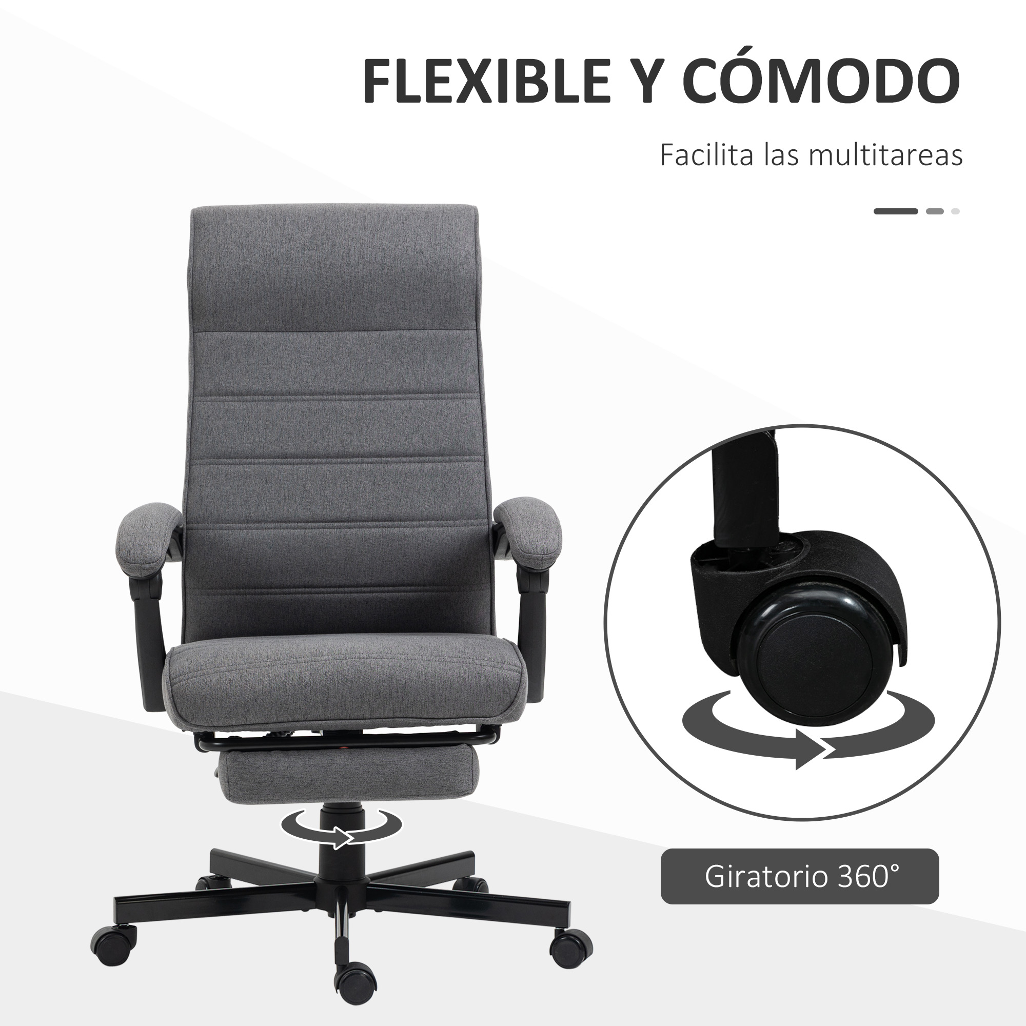 Silla de oficina gris con reposapiés. Cuenta con giro de 360 grados y es flexible y cómoda.