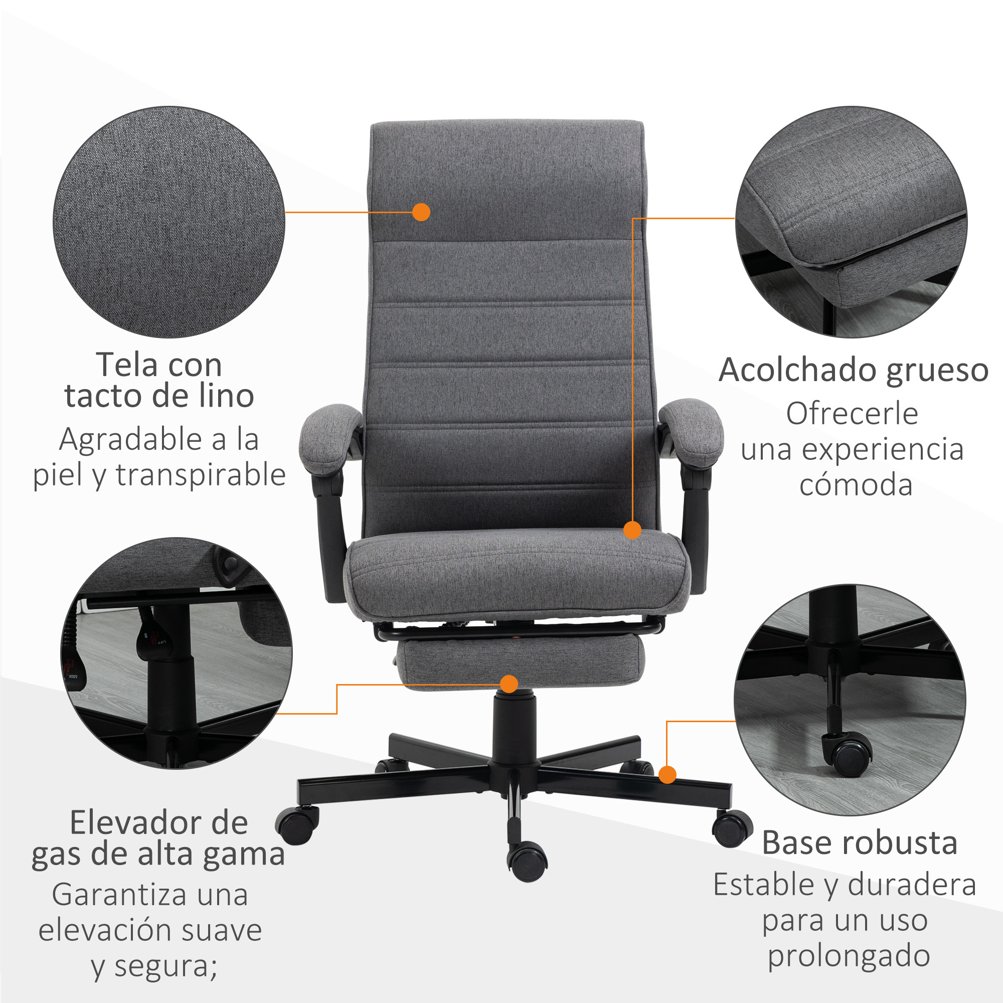 Una silla de oficina con anotaciones detalladas que muestran la tela, los reposabrazos, el elevador de gas y una base robusta.