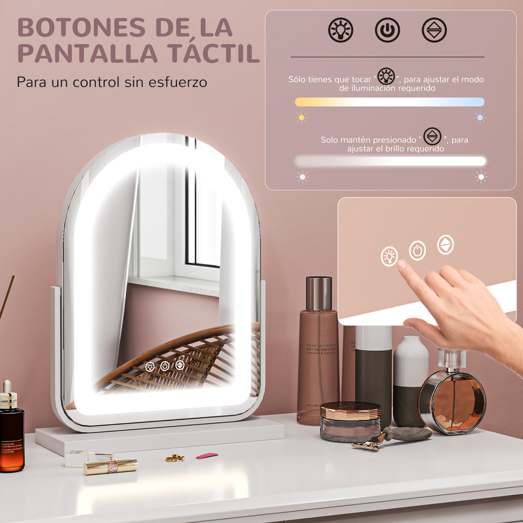 Espejo de tocador con botones táctiles, frascos de perfume y accesorios.