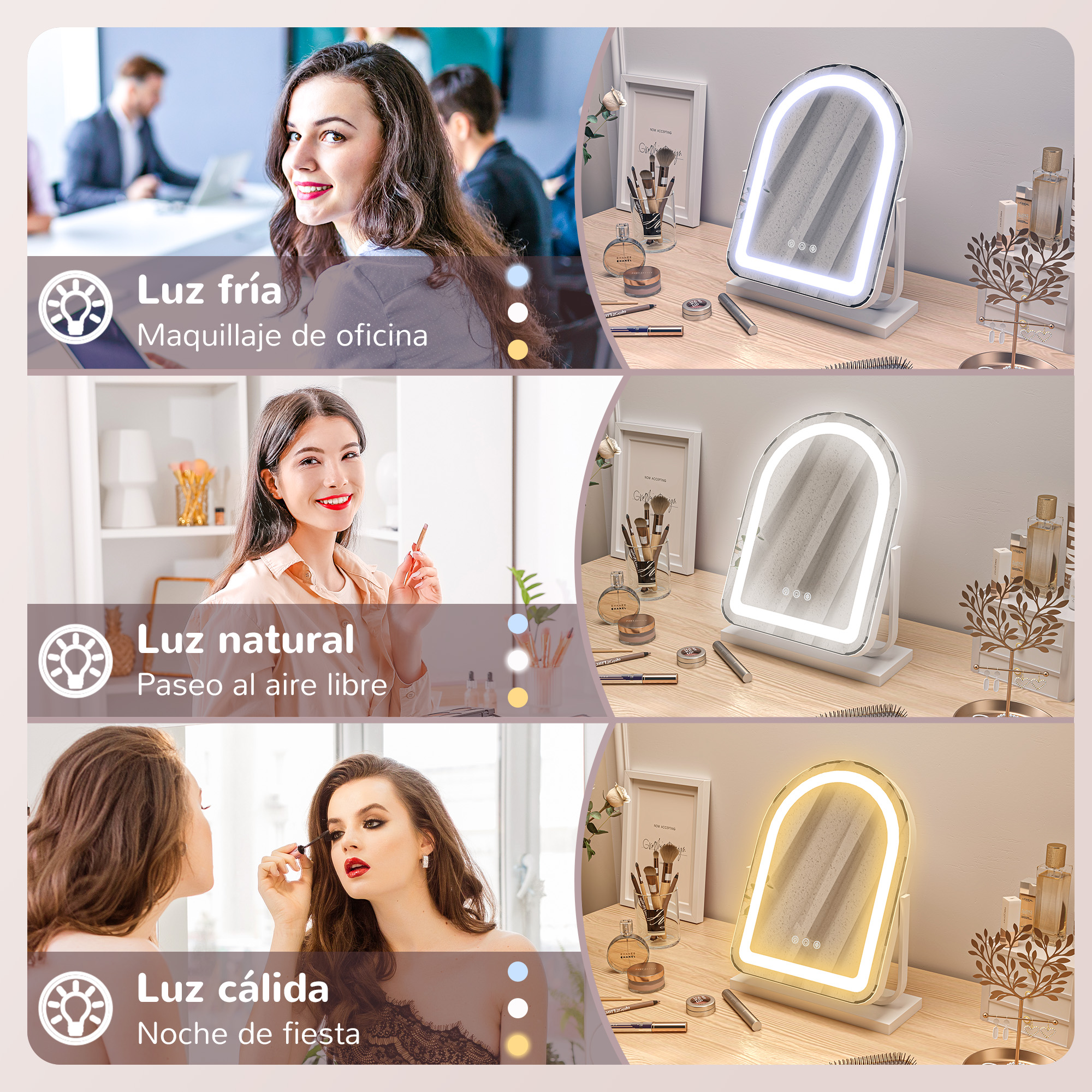Espejo con luces sobre una mesa. El texto describe tres opciones de iluminación: fría, natural y cálida.