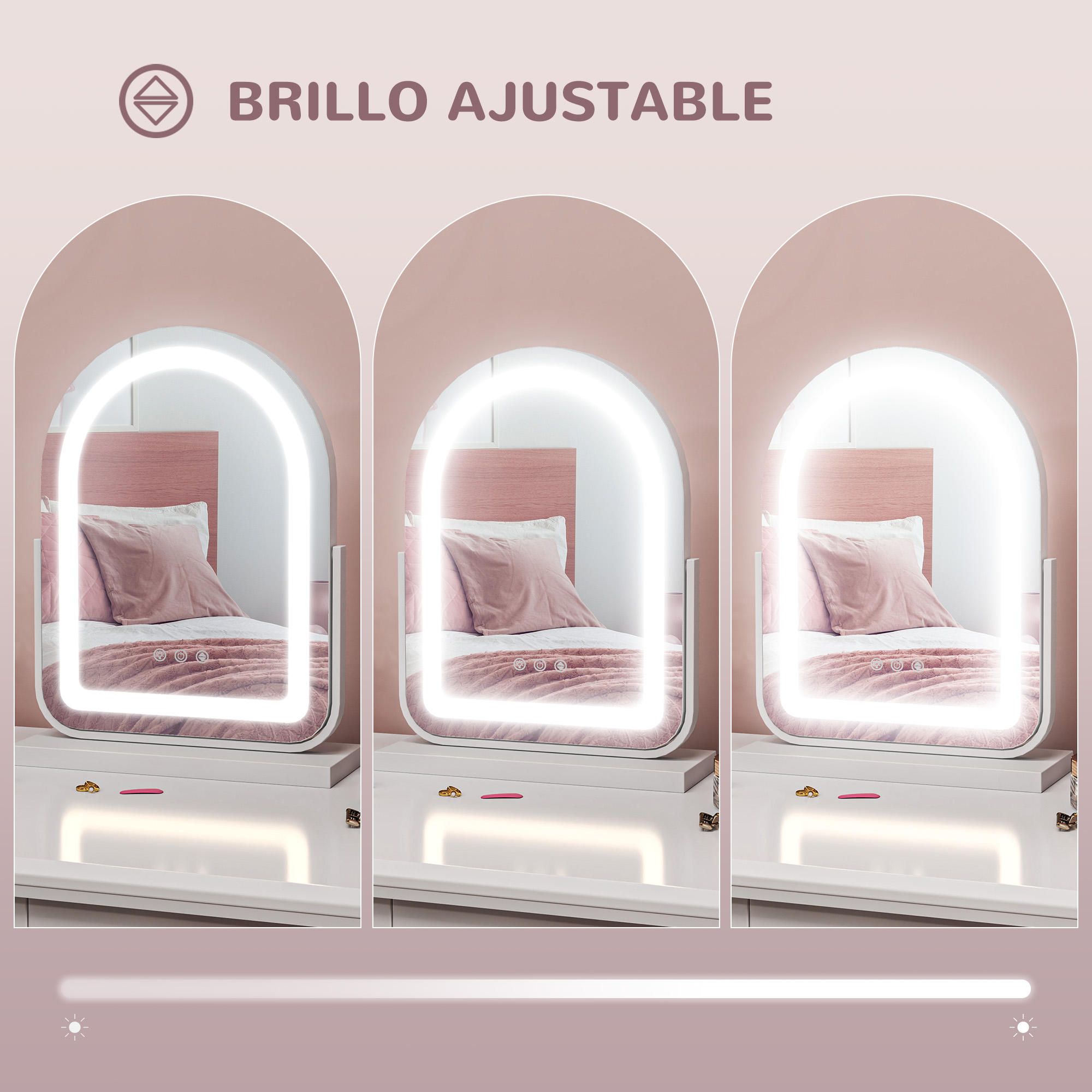 Tres espejos con brillo ajustable. Los espejos están sobre una cómoda blanca.