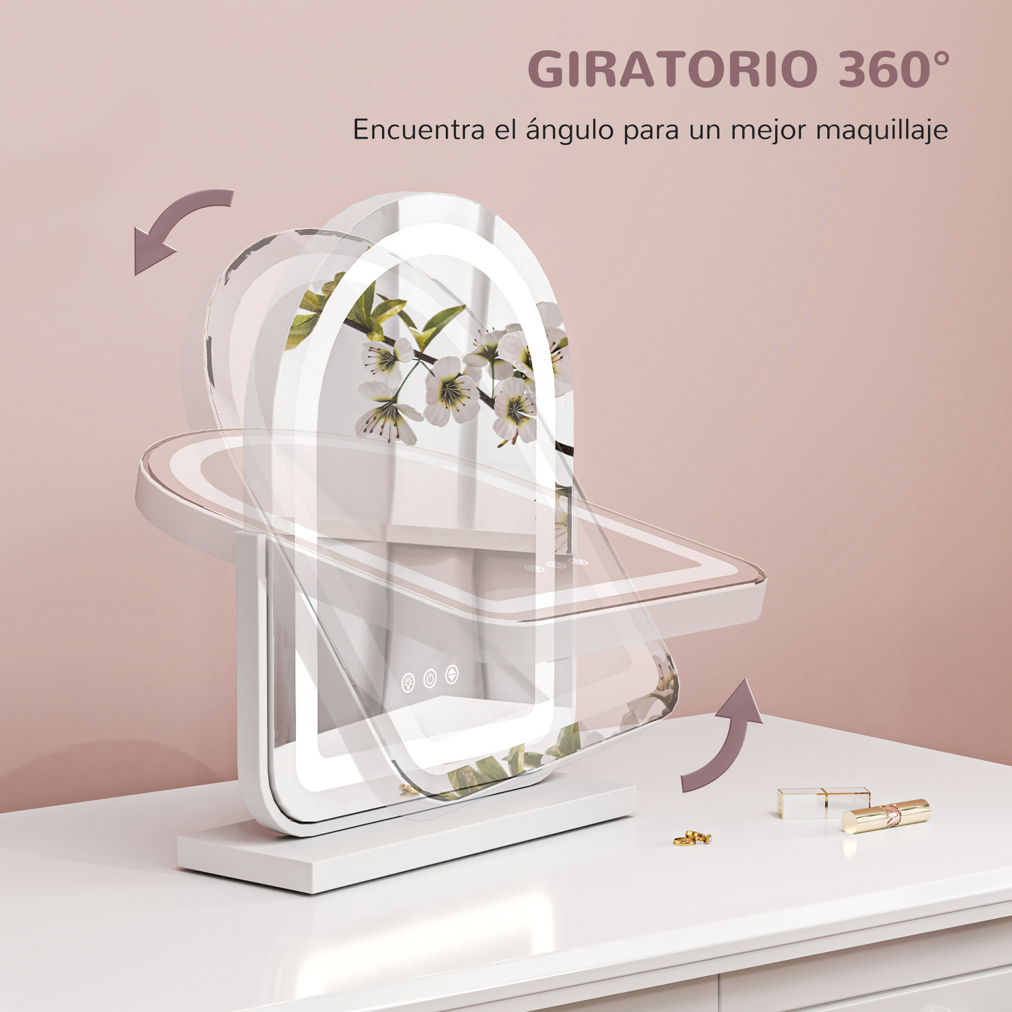 Un espejo de maquillaje blanco y plateado con rotación de 360°. Está sobre una superficie blanca con labial.