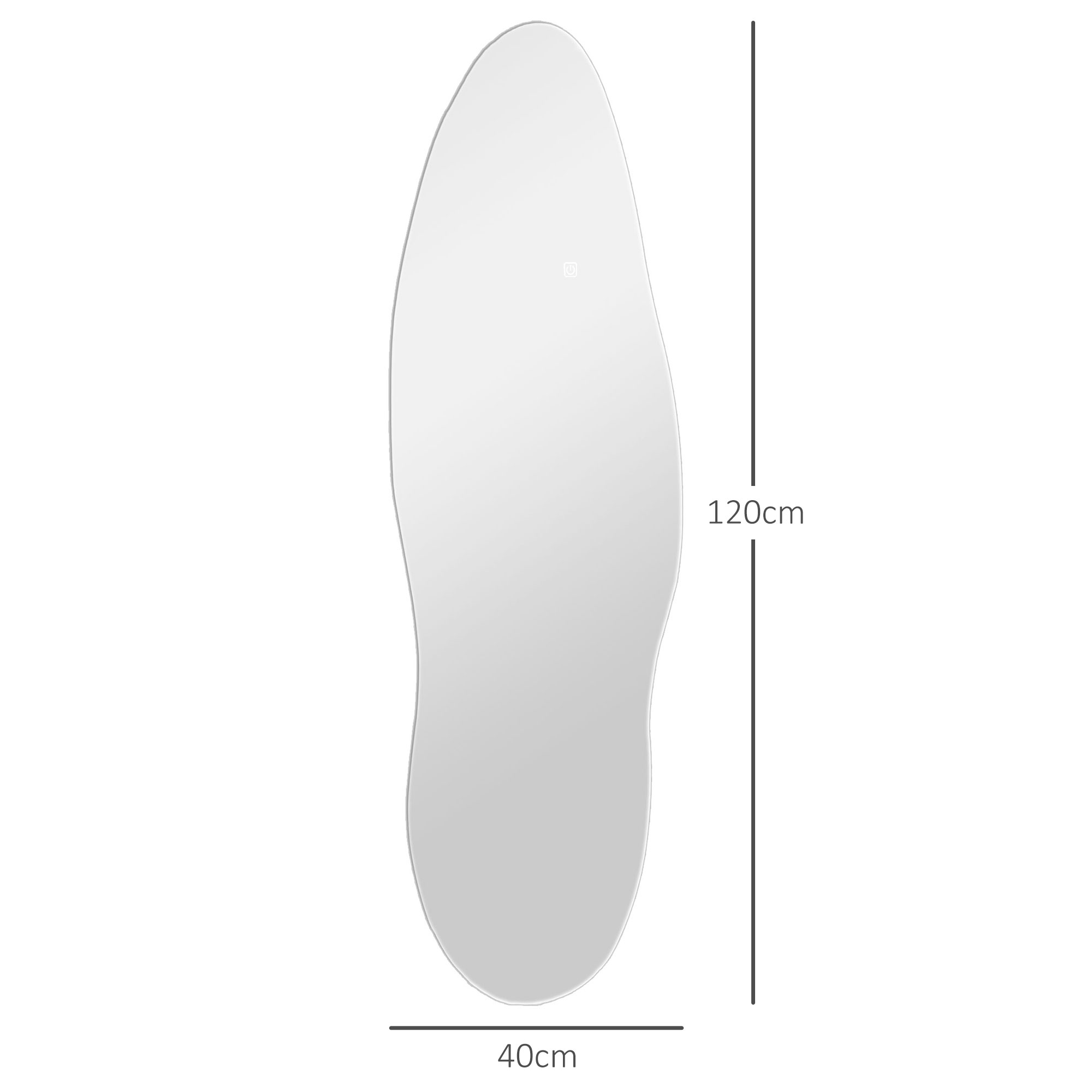Espejo largo y ovalado con medidas: 120cm alto, 40cm ancho, fondo blanco.
