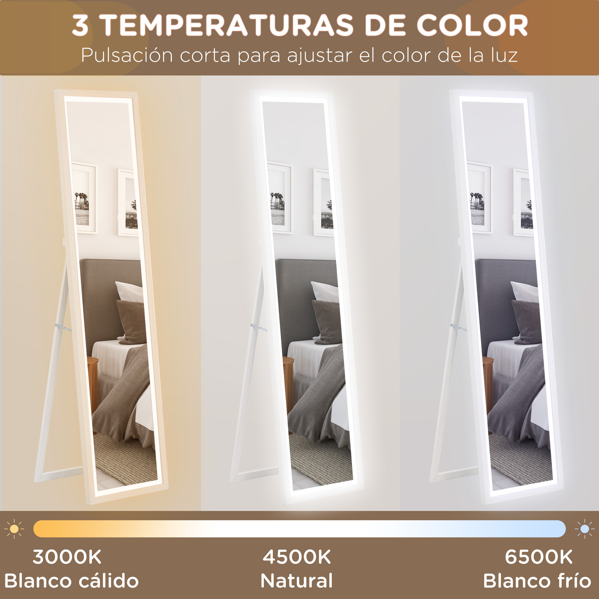 Tres espejos con temperaturas de luz ajustables. Opciones cálidas, naturales y blanco frío.