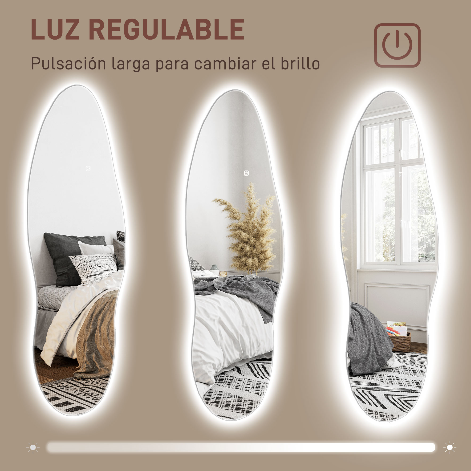 Tres espejos ovalados con retroiluminación, mostrando diferentes niveles de brillo.