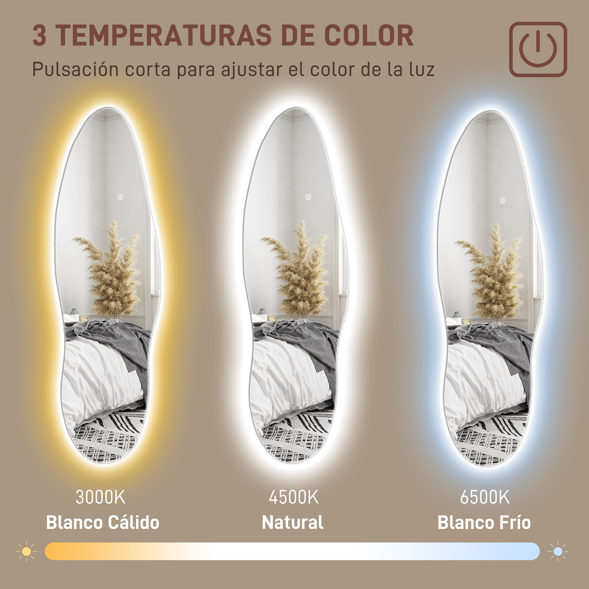 Tres espejos iluminados con diferentes temperaturas de color. Luz blanca cálida, natural y fría. Pared beige.