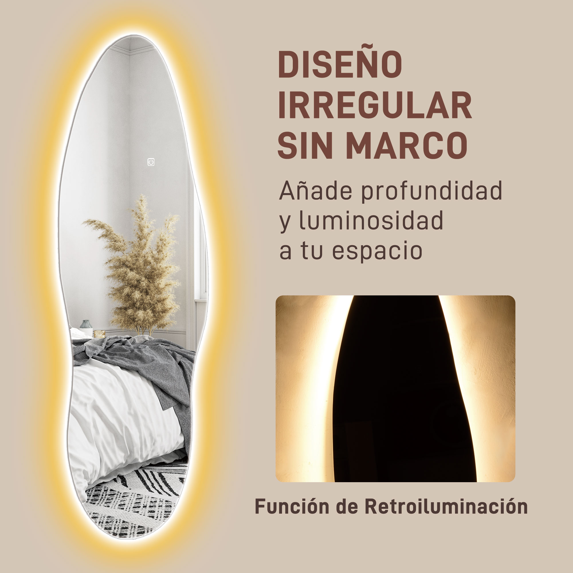 Espejo ovalado, sin marco y retroiluminado. Fondo beige. Decoración del hogar.