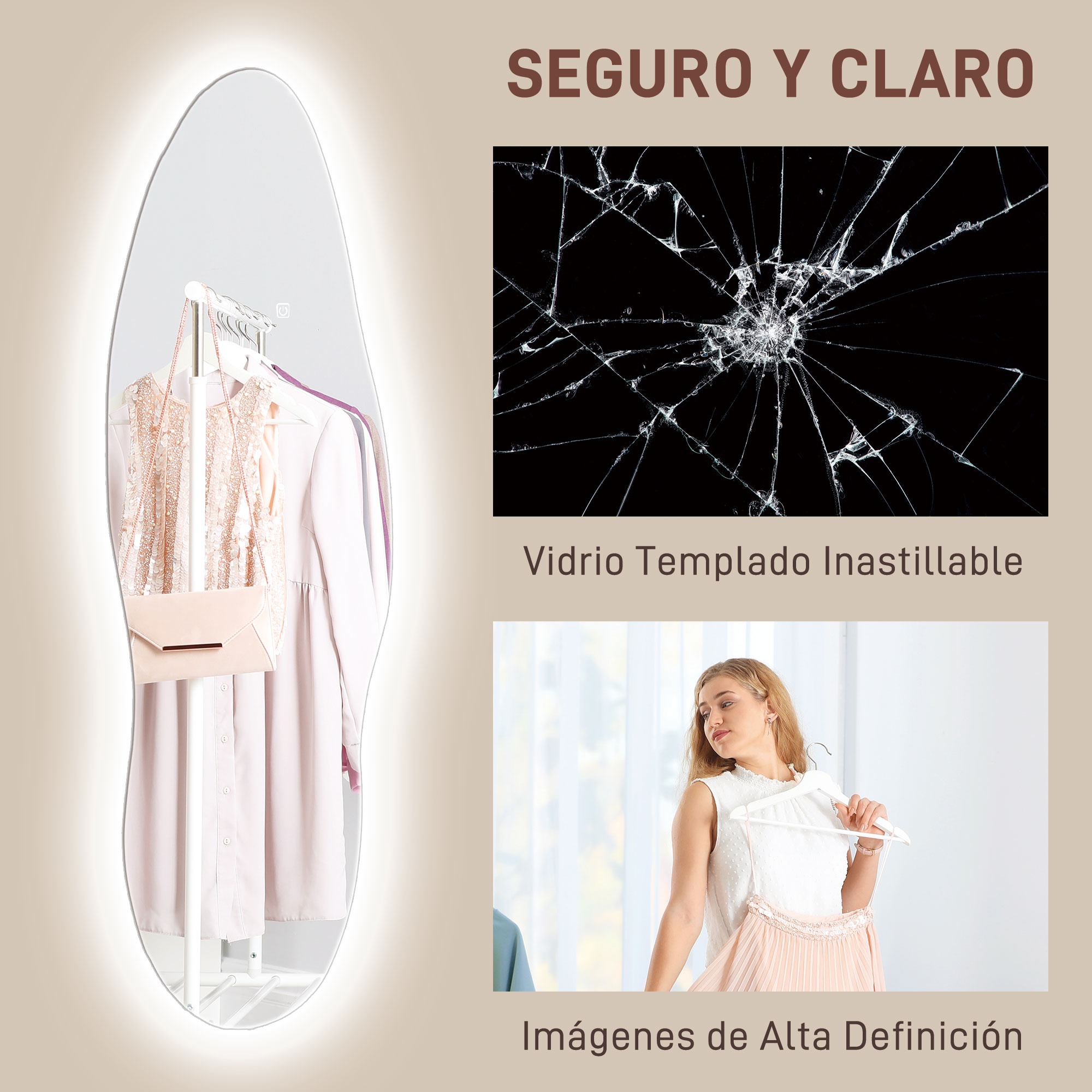 Un espejo ovalado iluminado, con ropa y una mujer sosteniendo un vestido. Texto: Seguro y claro.