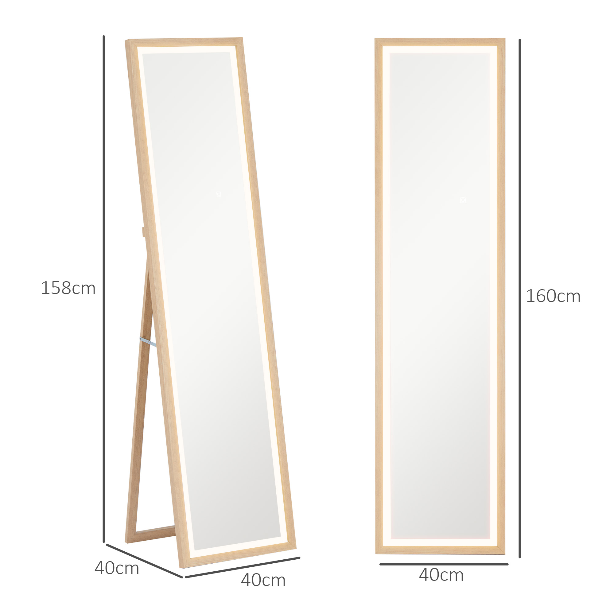 Dos espejos, uno de pie, otro inclinado. Ambos tienen marcos de madera e interiores blancos.
