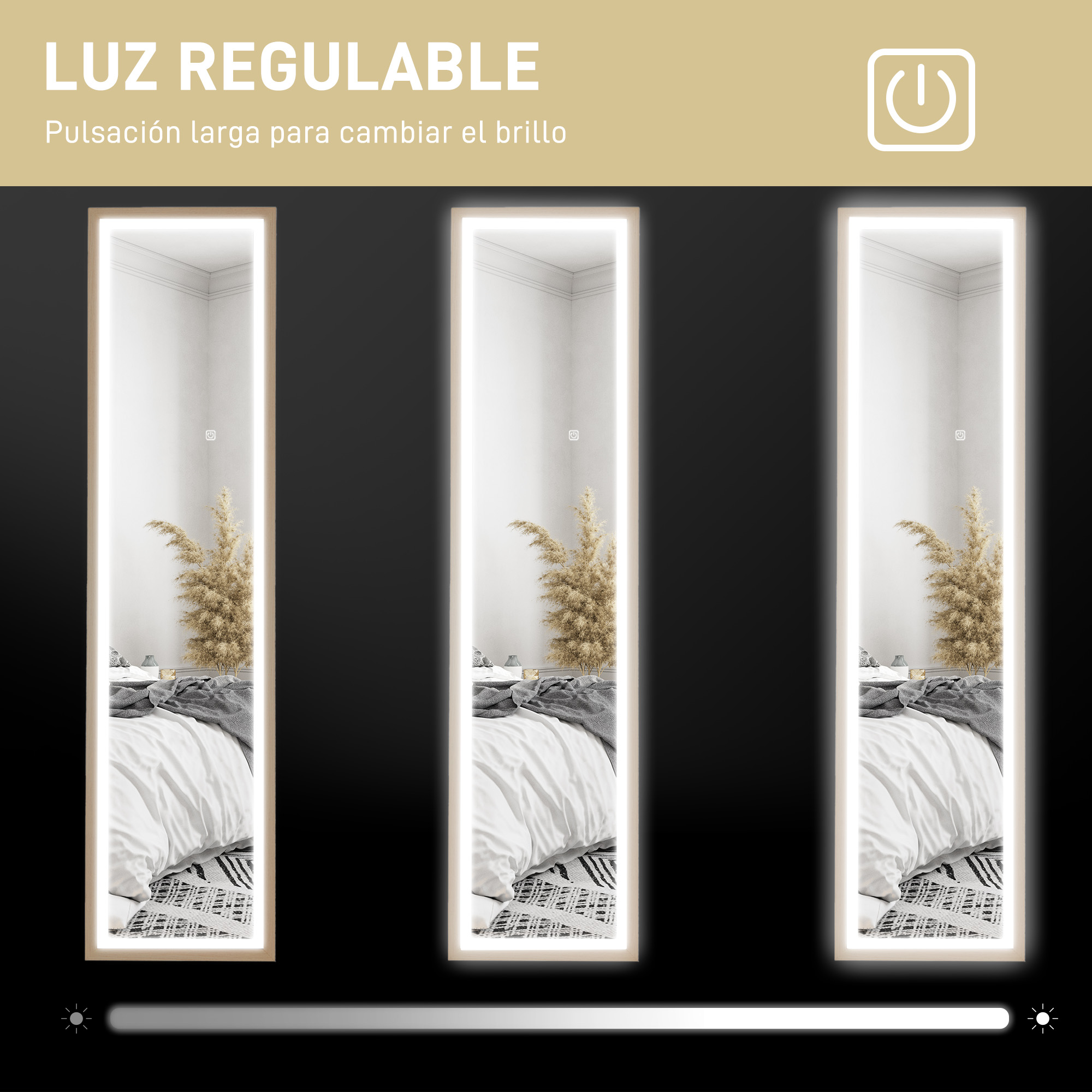 Tres espejos iluminados con ajustes de luz regulables sobre un fondo oscuro.
