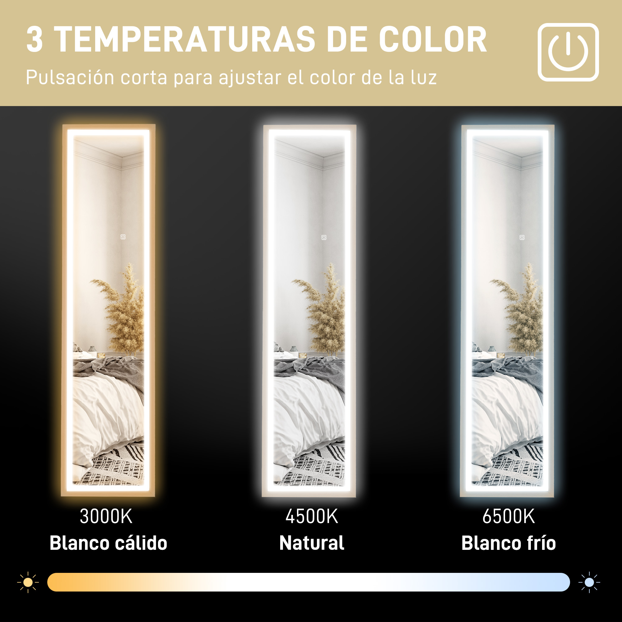 Se muestran tres espejos con diferentes temperaturas de color (3000K, 4500K, 6500K).