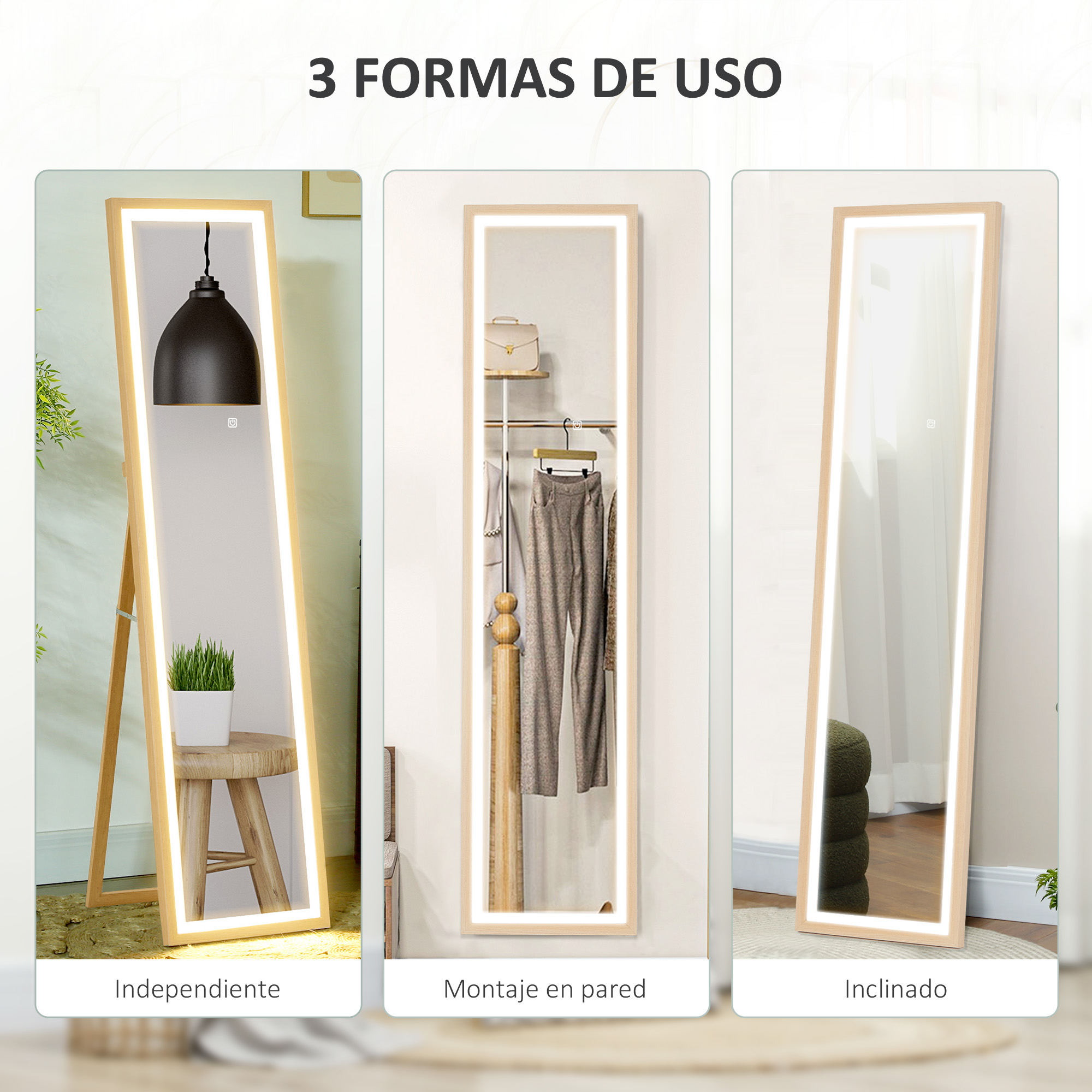 Tres espejos con diferentes soportes y diseños. Se muestran sobre un fondo blanco.