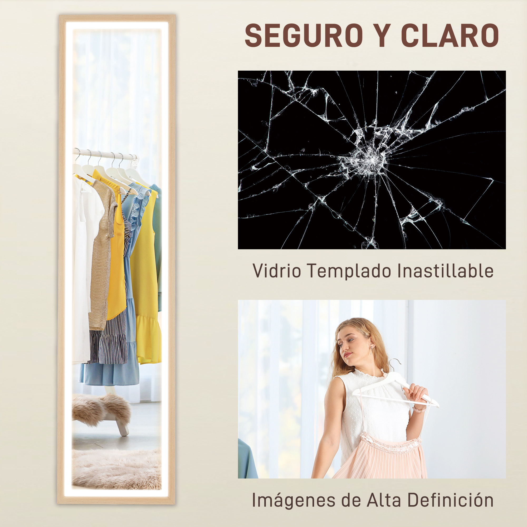 Un espejo con marco de madera, con texto sobre seguridad e imágenes de alta definición.