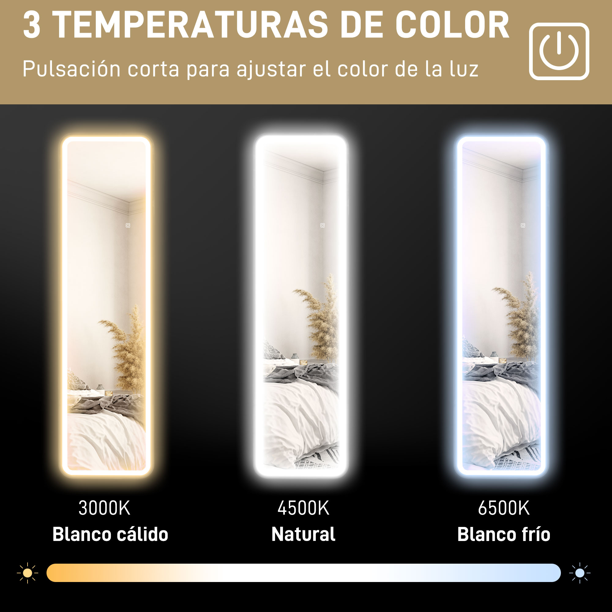 Tres espejos rectangulares con diferentes configuraciones de luz: cálida, natural y blanca fría.