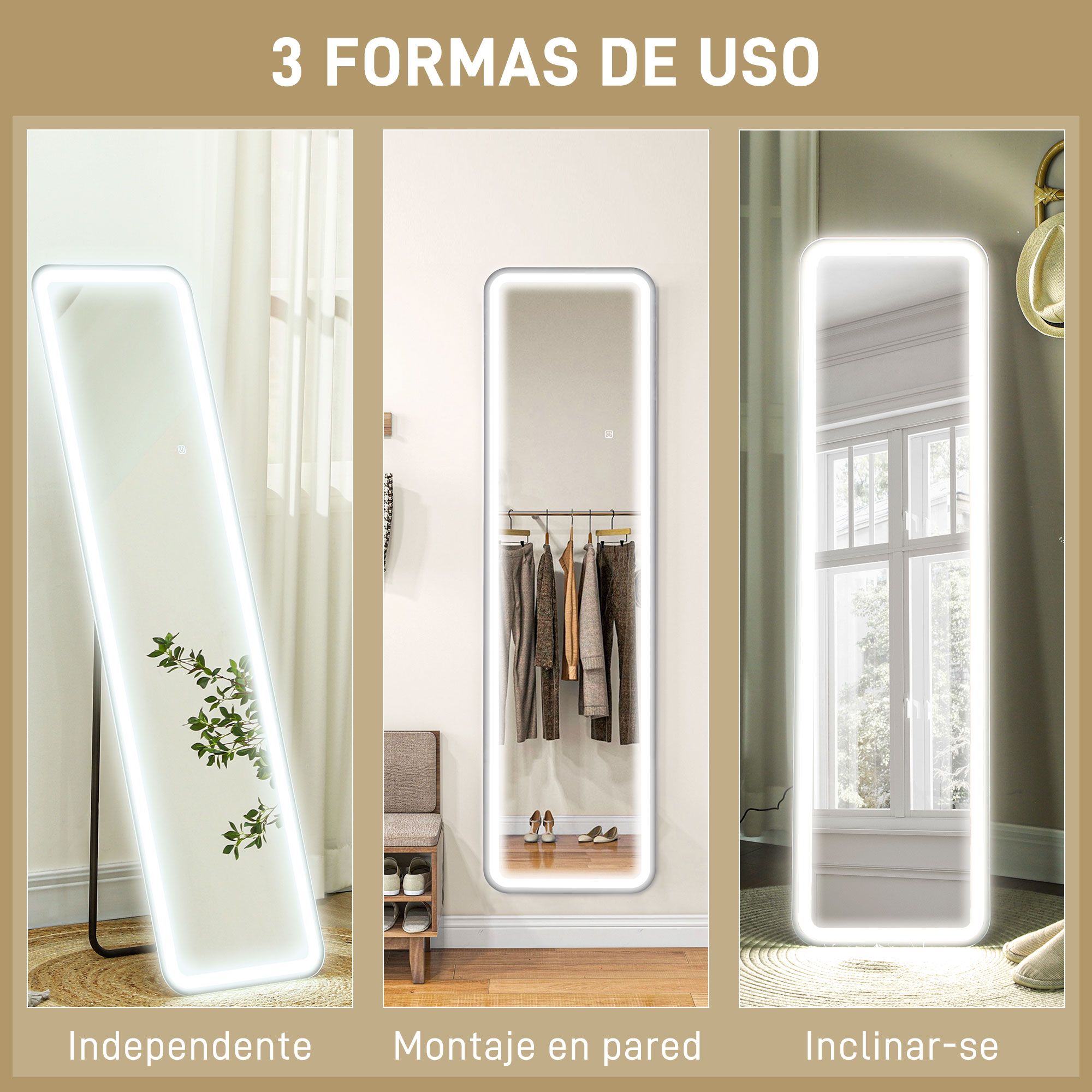 Tres espejos que muestran diferentes usos: independiente, montado en la pared y apoyado en una superficie.