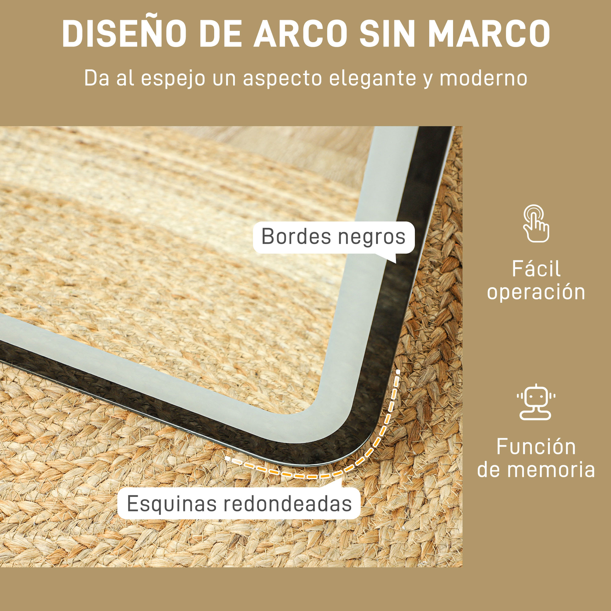 Un espejo con esquinas redondeadas y bordes negros sobre un fondo de alfombra tejida.