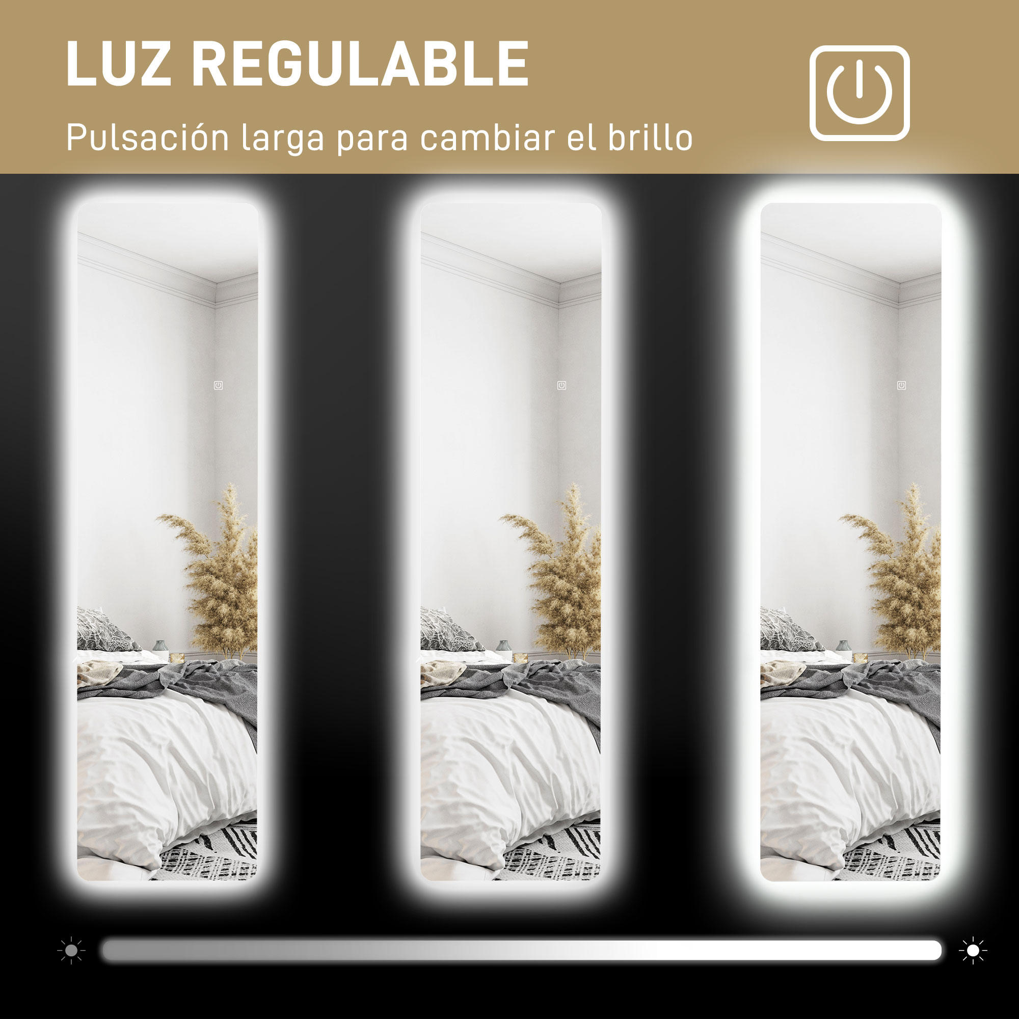 Tres espejos alargados con iluminación regulable sobre un fondo negro.