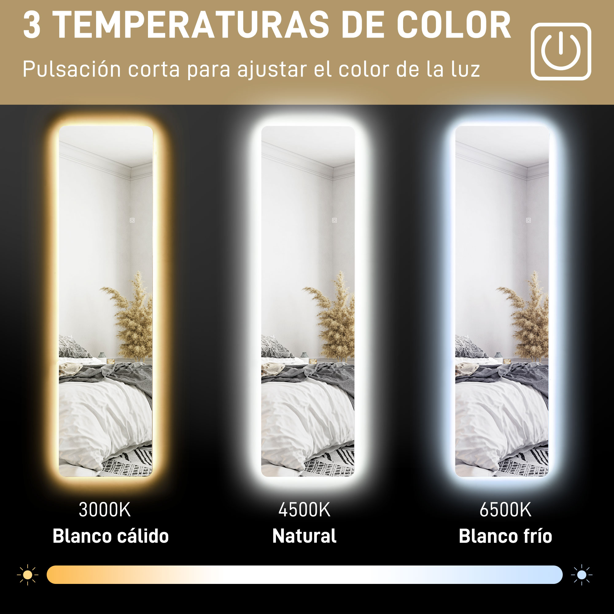 Tres espejos que muestran diferentes temperaturas de luz. Los espejos tienen marcos blancos.