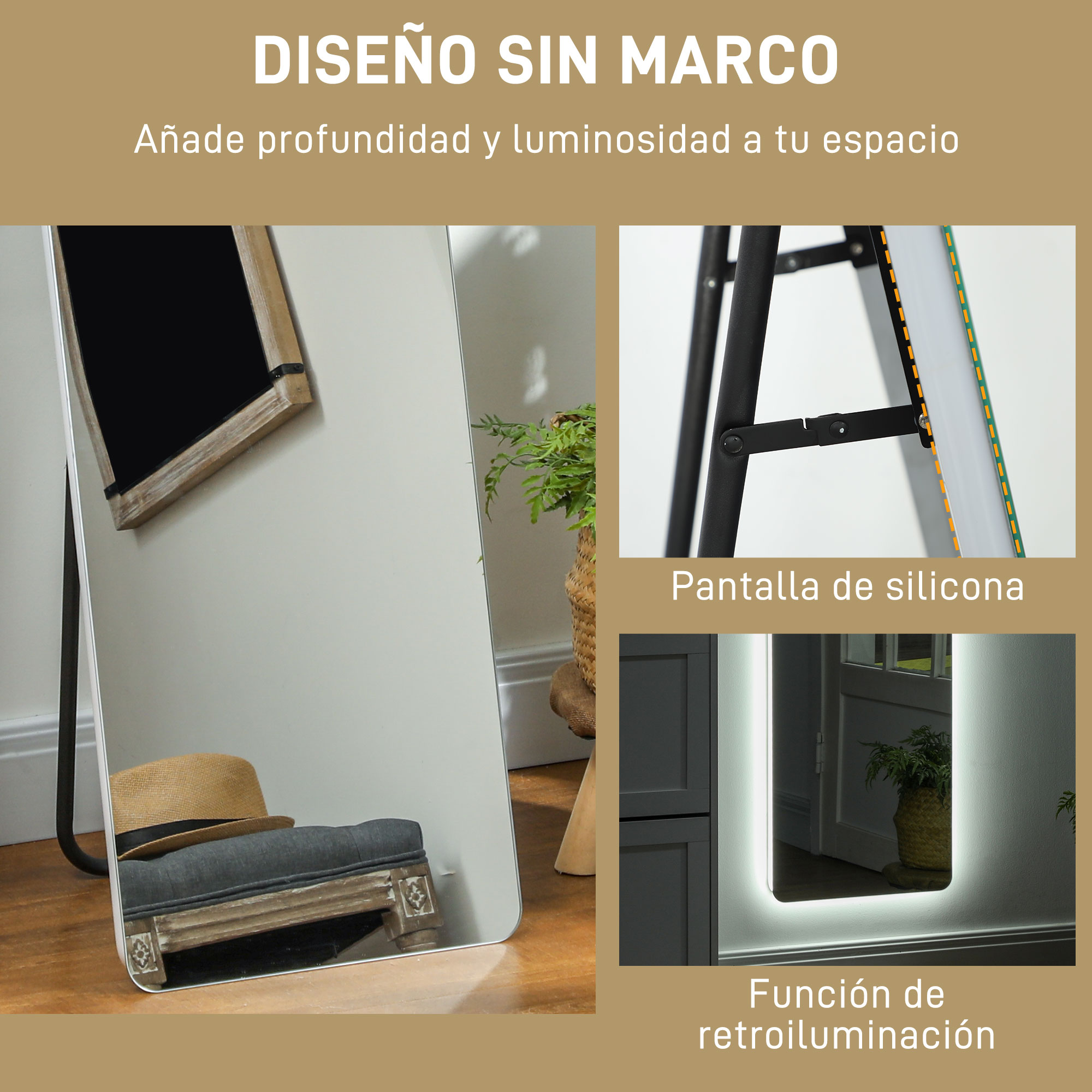 Espejo de cuerpo entero con marco, sombrero y banco. Tiene una pantalla de silicona.