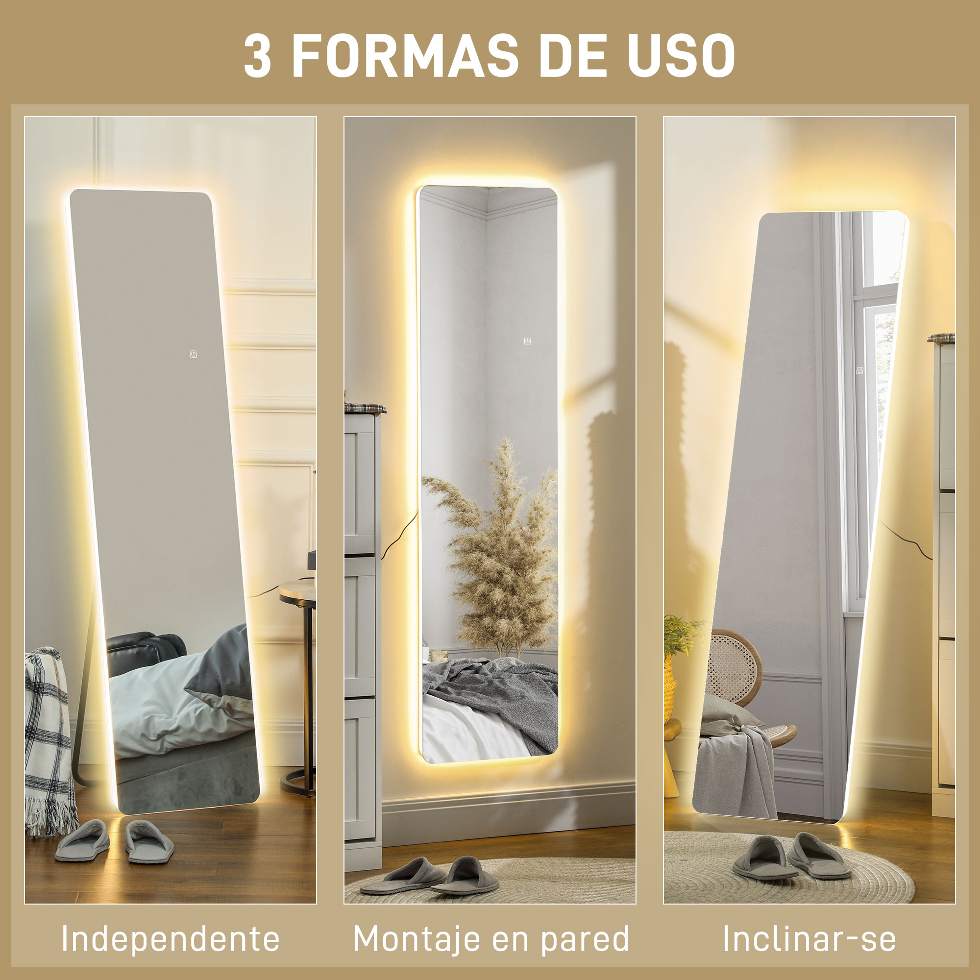 Tres espejos iluminados. Uno independiente, uno montado en la pared, uno inclinado.