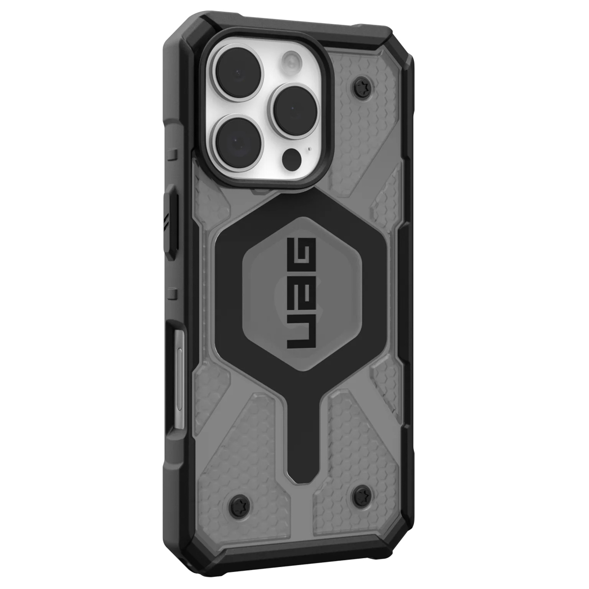 Custodia grigia e nera con logo UAG e fori per fotocamera. Viti visibili.