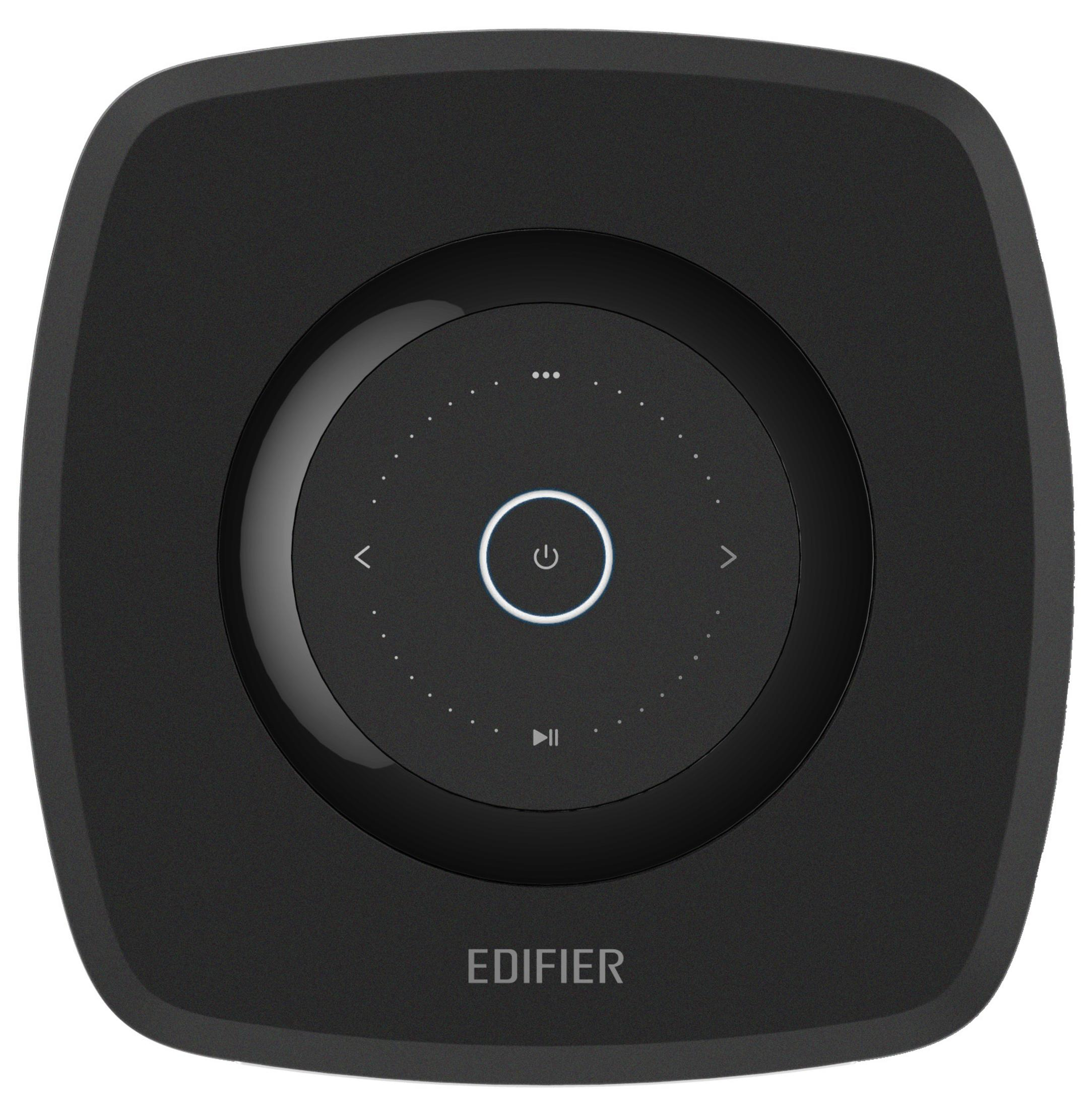 Czarny głośnik Edifier z okrągłymi elementami sterującymi i logo Edifier.