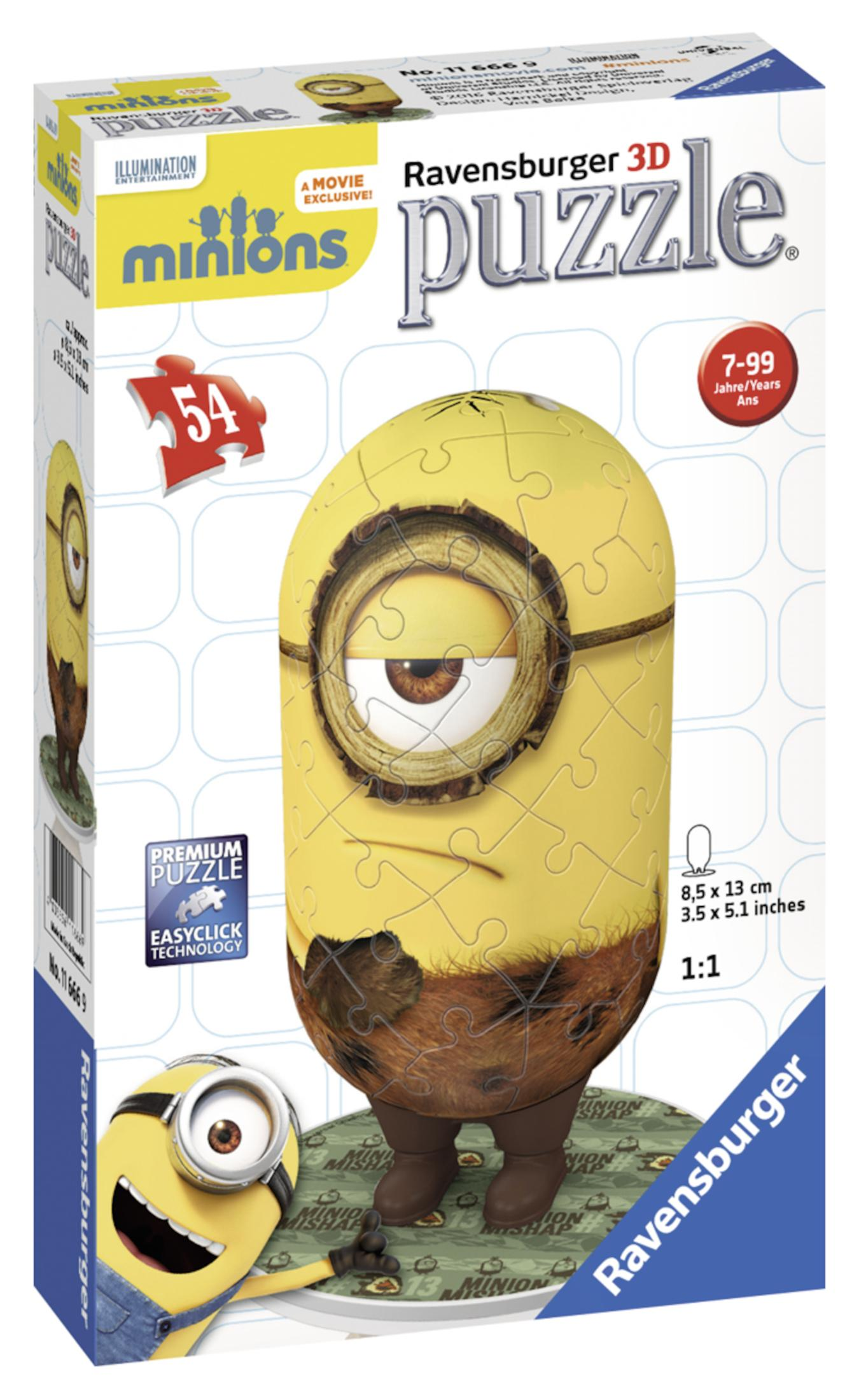 Minions 3D Puzzle-Box. Gelbes Puzzle in Form eines Minions. Text und Bilder auf der Box.