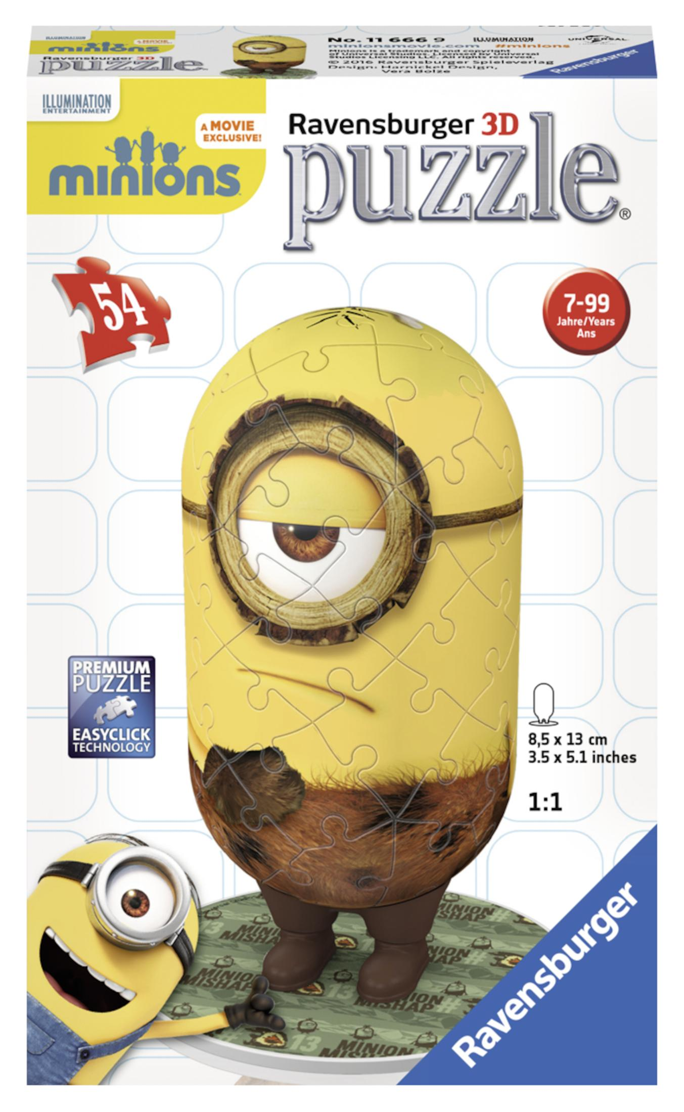 Minions 3D Puzzle-Box. Das Puzzle zeigt eine Minion-Figur in Gelb und Braun.