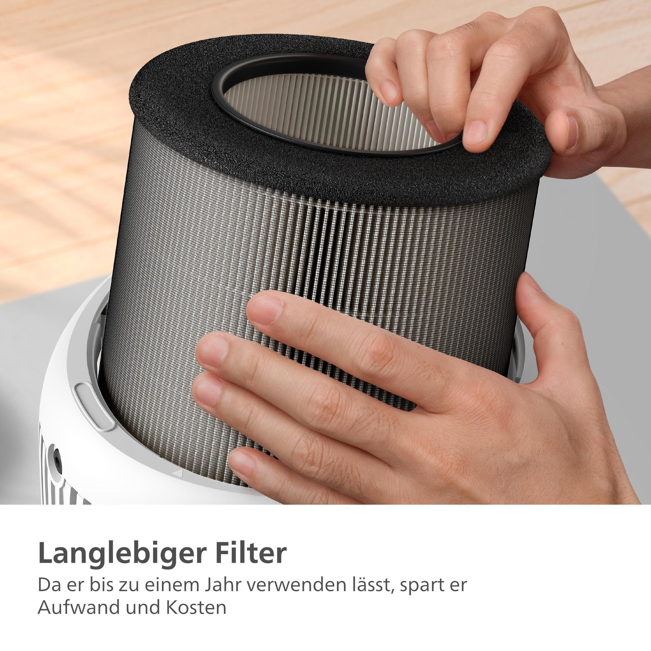 Hände, die einen zylindrischen Luftfilter in einen weißen Luftreiniger einsetzen. Filter ist grau mit schwarzem Rand.