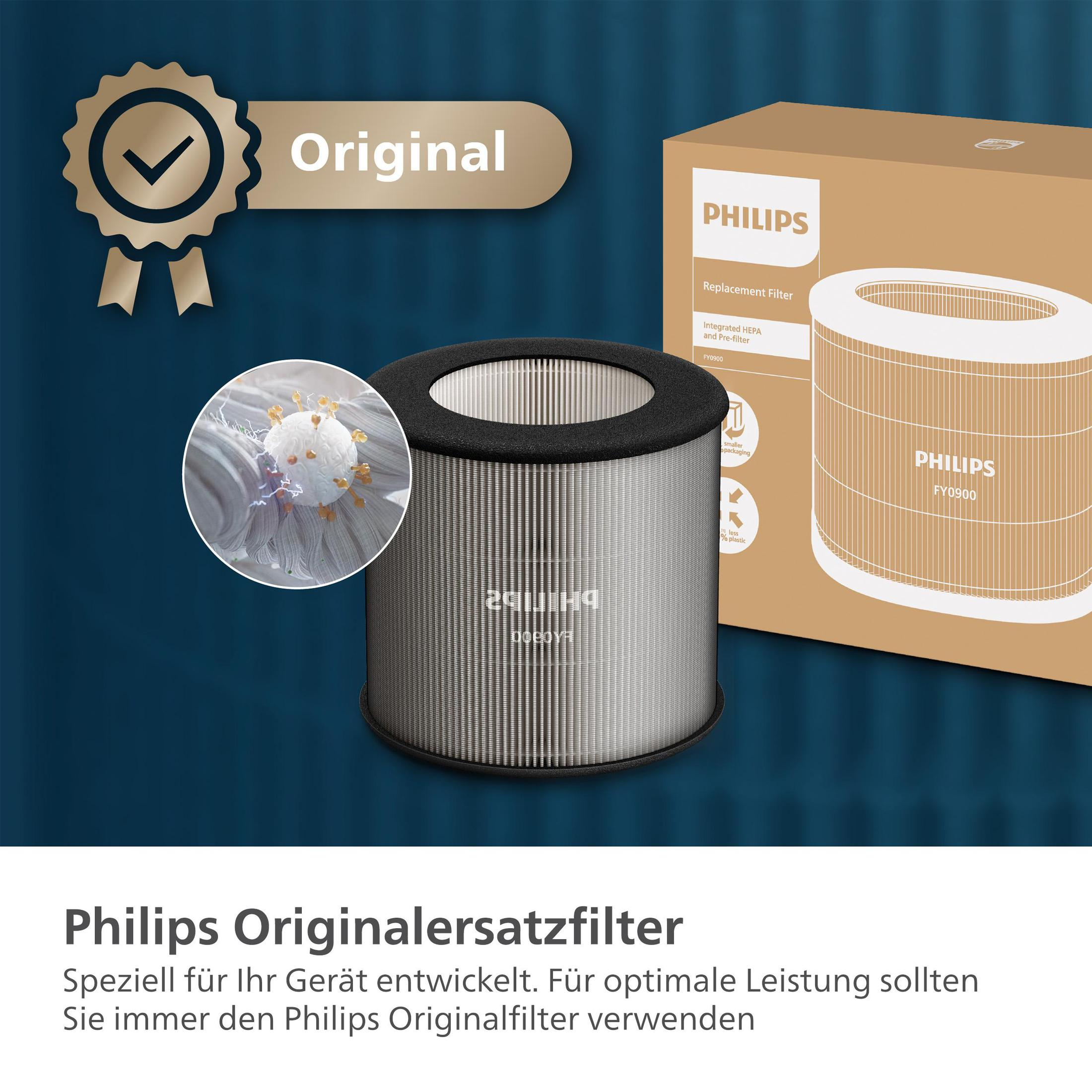 Philips-Luftfilter. Der Filter ist zylindrisch mit schwarzem Rand und einer Box im Hintergrund.