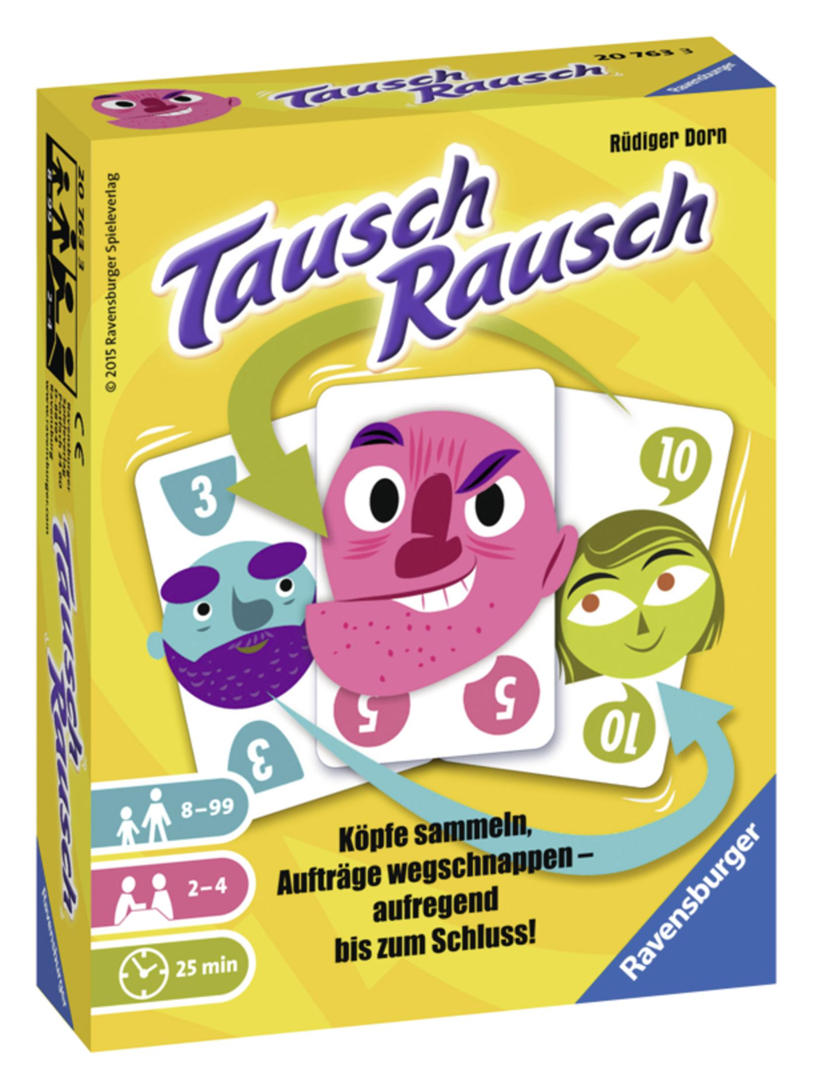 Eine Spielbox mit einem Cartoon-Gesicht und Karten. Die Box ist gelb und hat den Namen des Spiels.