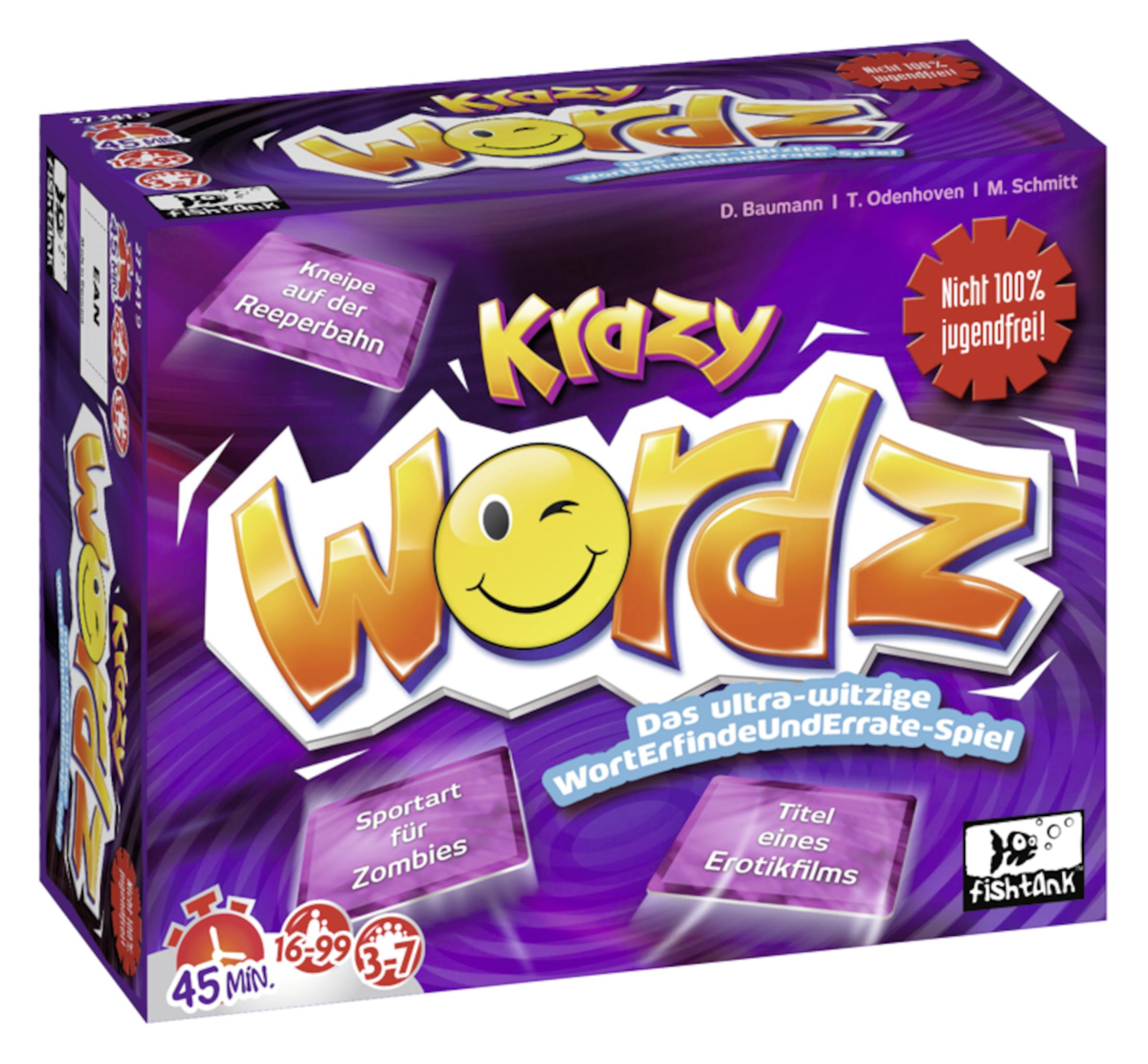 Krazy Wordz Spielbox. Lila mit einem lächelnden Gesicht-Logo und Text.