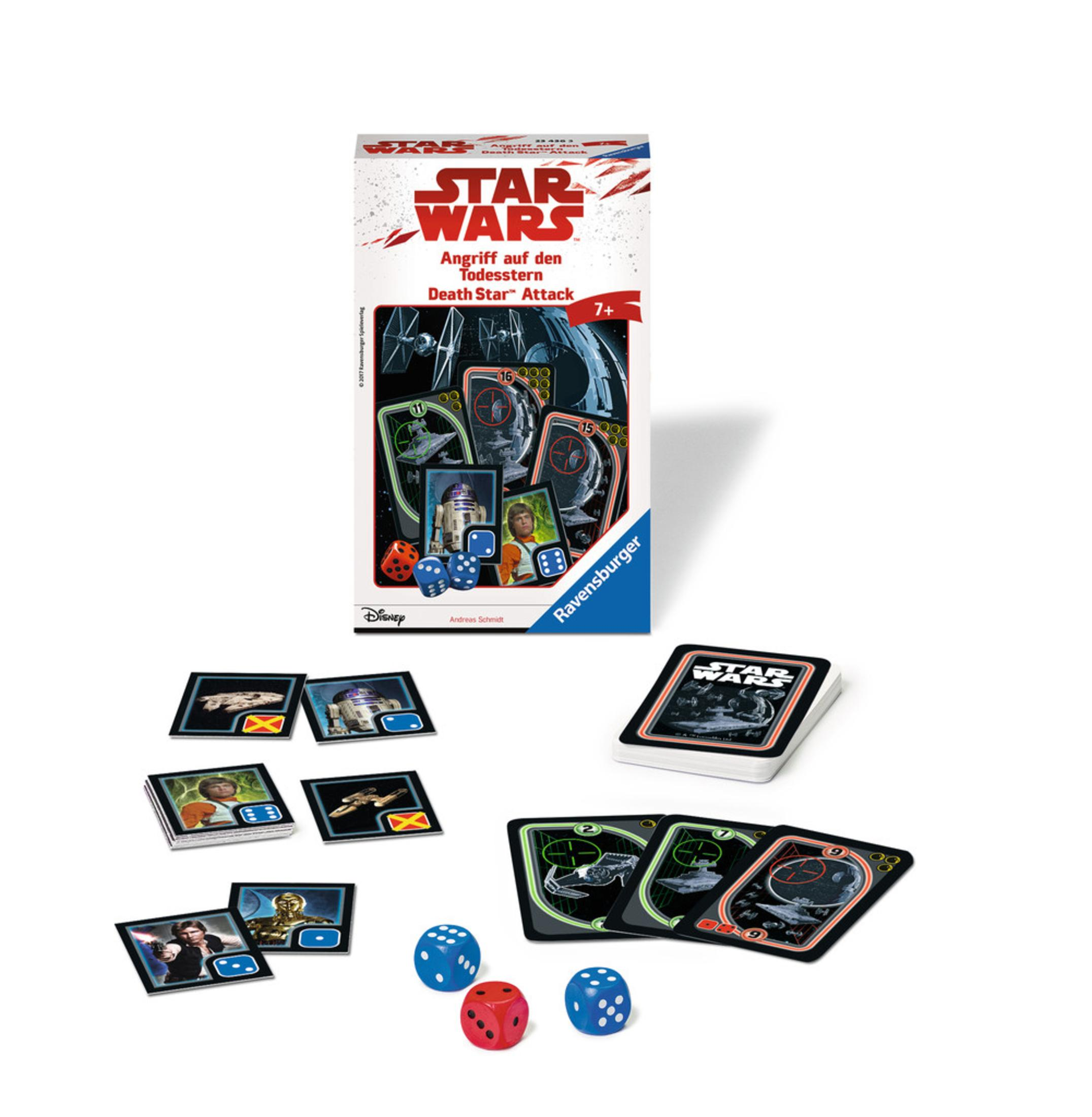 Eine Star Wars Brettspielbox, Würfel und Spielsteine sind vor weißem Hintergrund angeordnet.