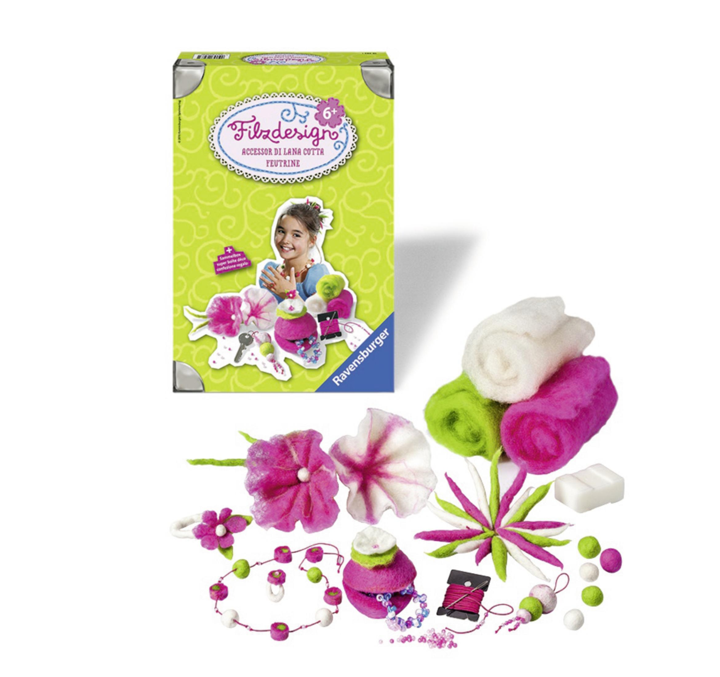 Ein Bastelset mit Filzblumen und Verzierungen. Es beinhaltet eine grüne Box mit einem Mädchenbild und verschiedene Bastelartikel.