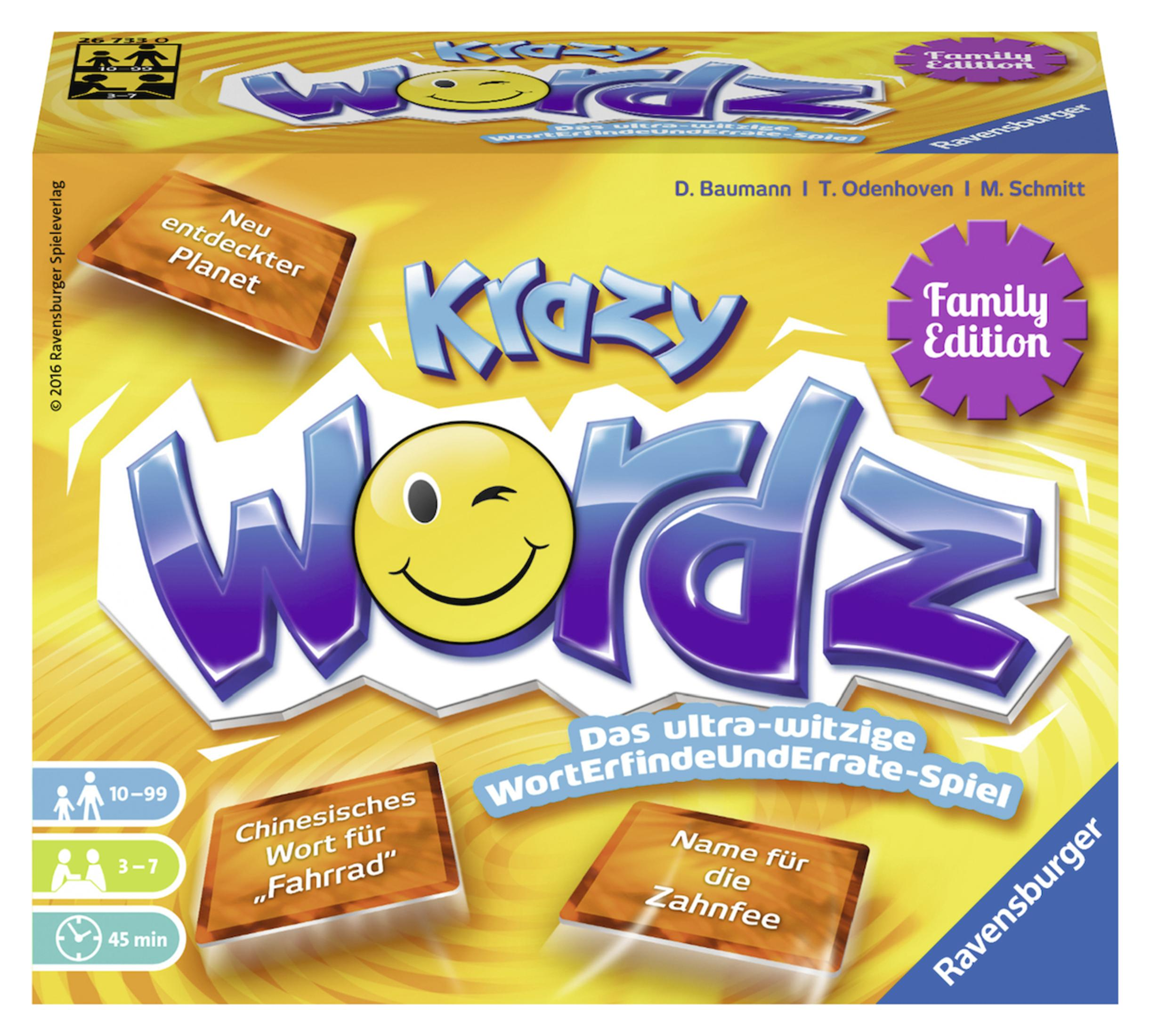 Krazy Wordz Brettspielbox und Komponenten, gelber Hintergrund, lächelndes Gesicht.