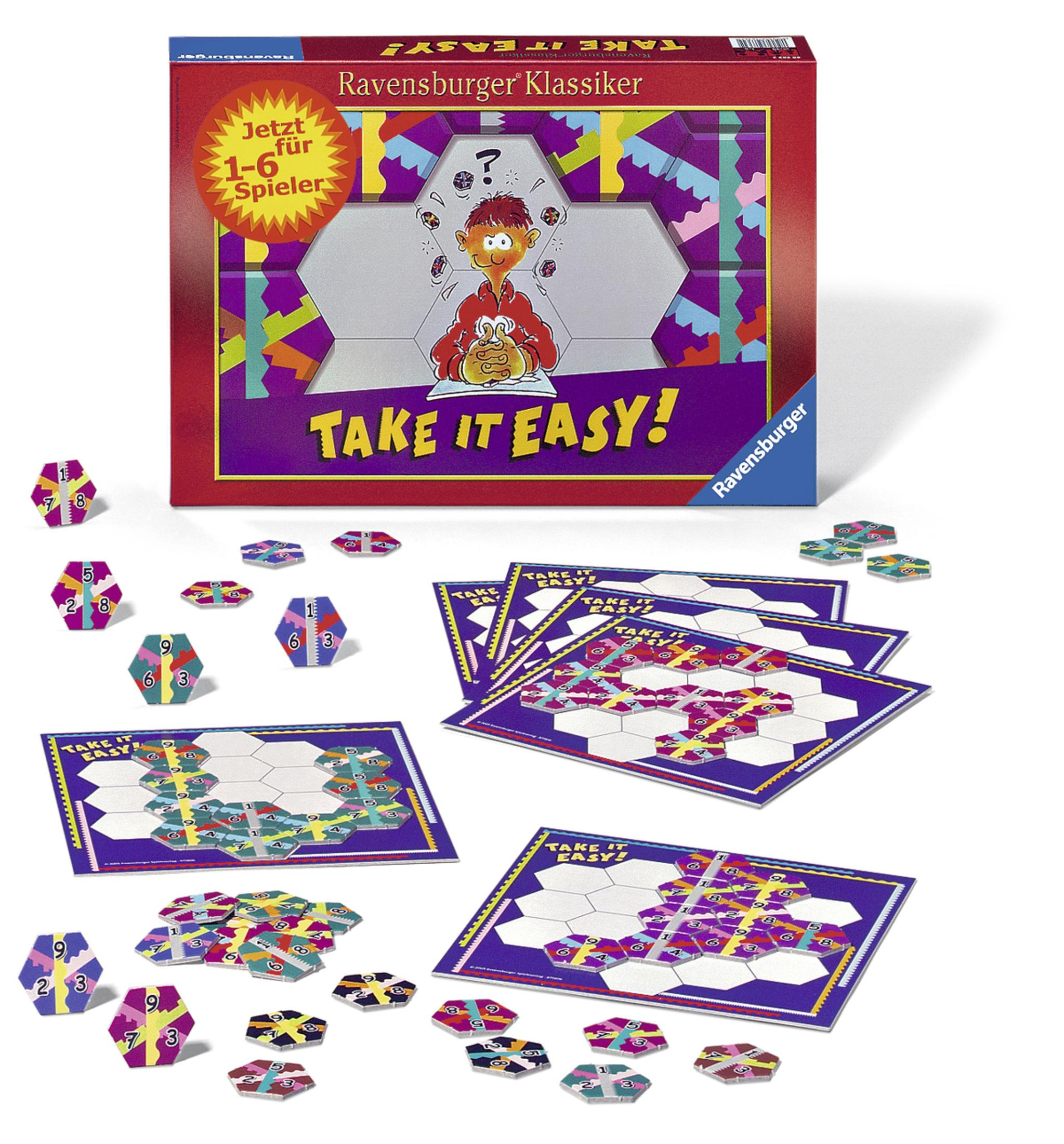 Ein Brettspielkasten und -teile. Die Box ist rot und lila mit dem Schriftzug Take It Easy!