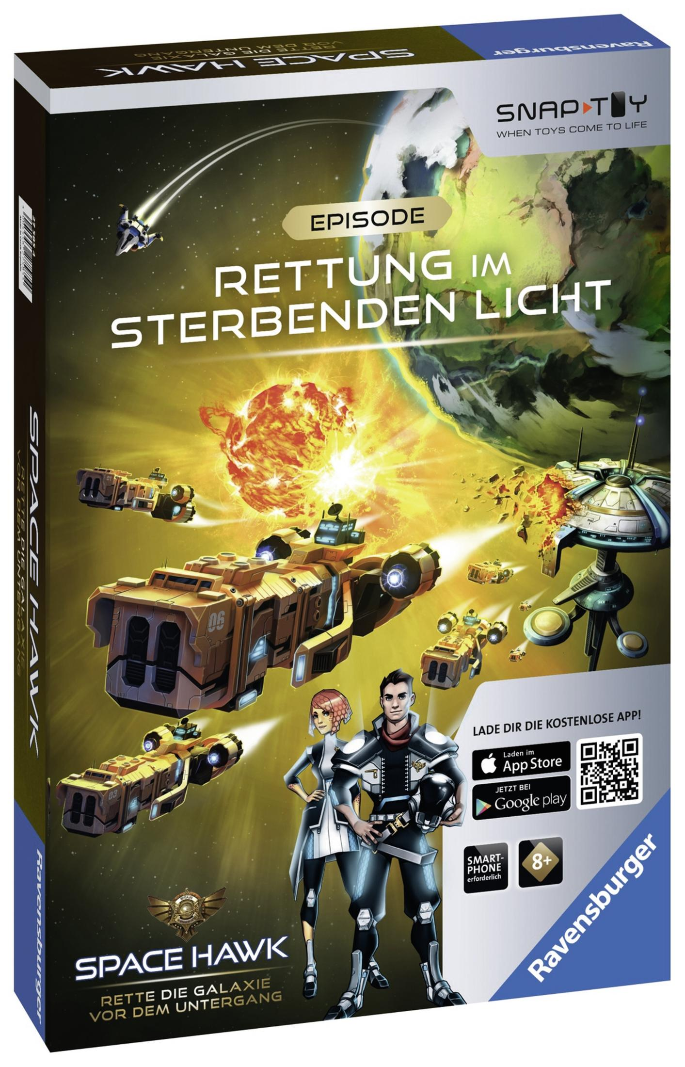 Boxart für ein Space Hawk Brettspiel mit Raumschiffen und Figuren auf einem Planeten.
