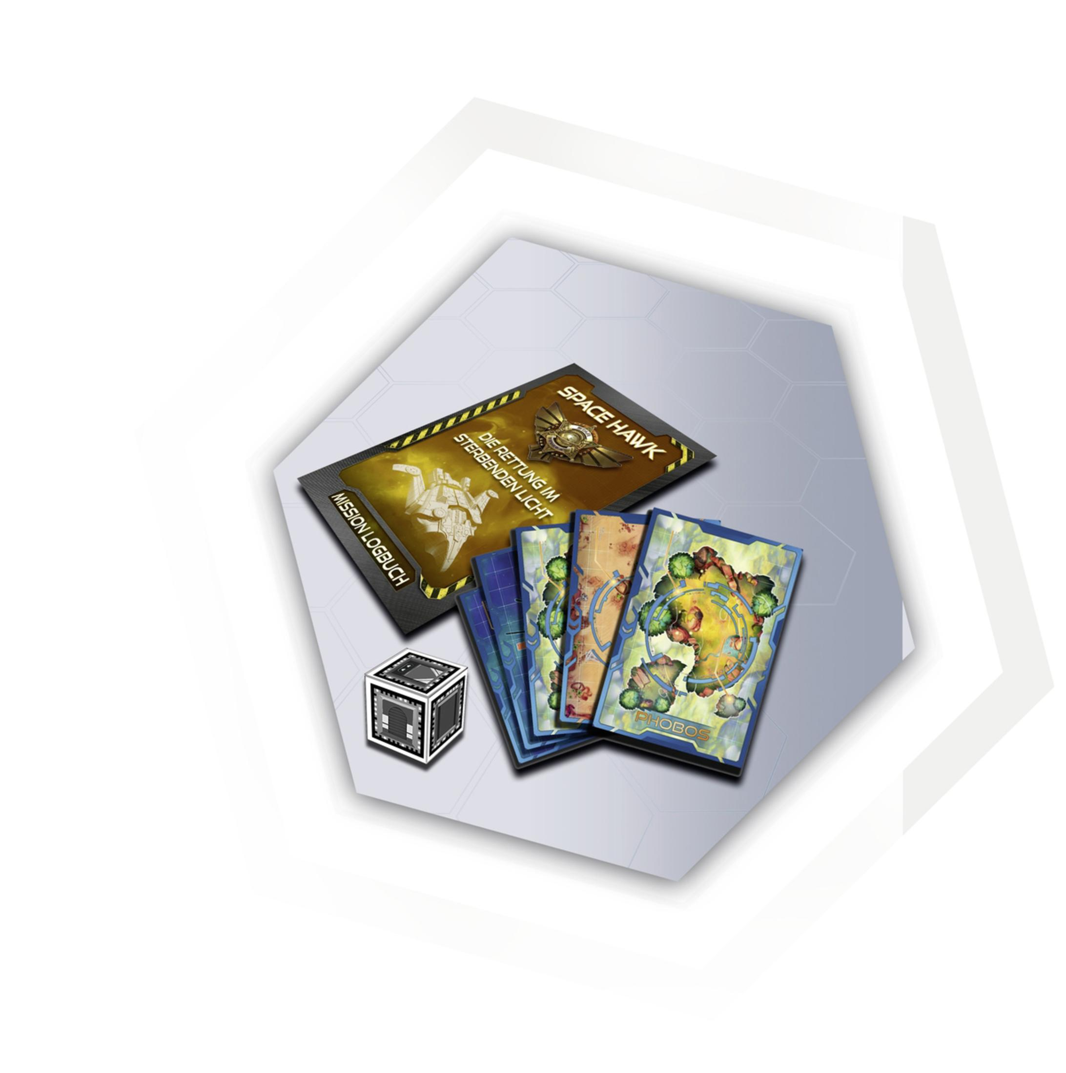 Brettspielbox mit Karten und einem Würfel, betitelt 'Space Hawk'.