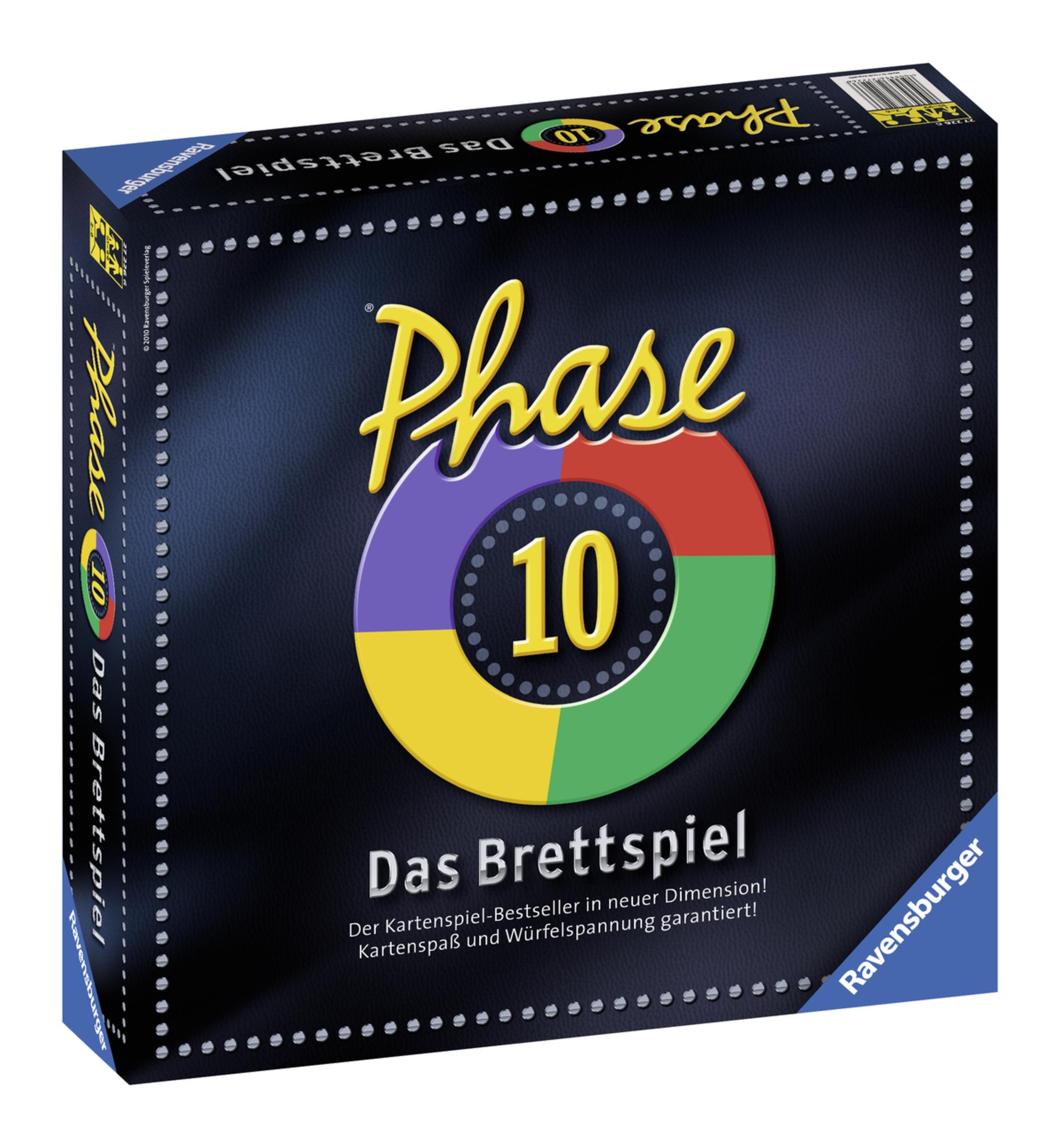 Phase 10 Brettspielbox. Blau und schwarz mit bunten Kreisen und Text. Spielname und Logo sind prominent.