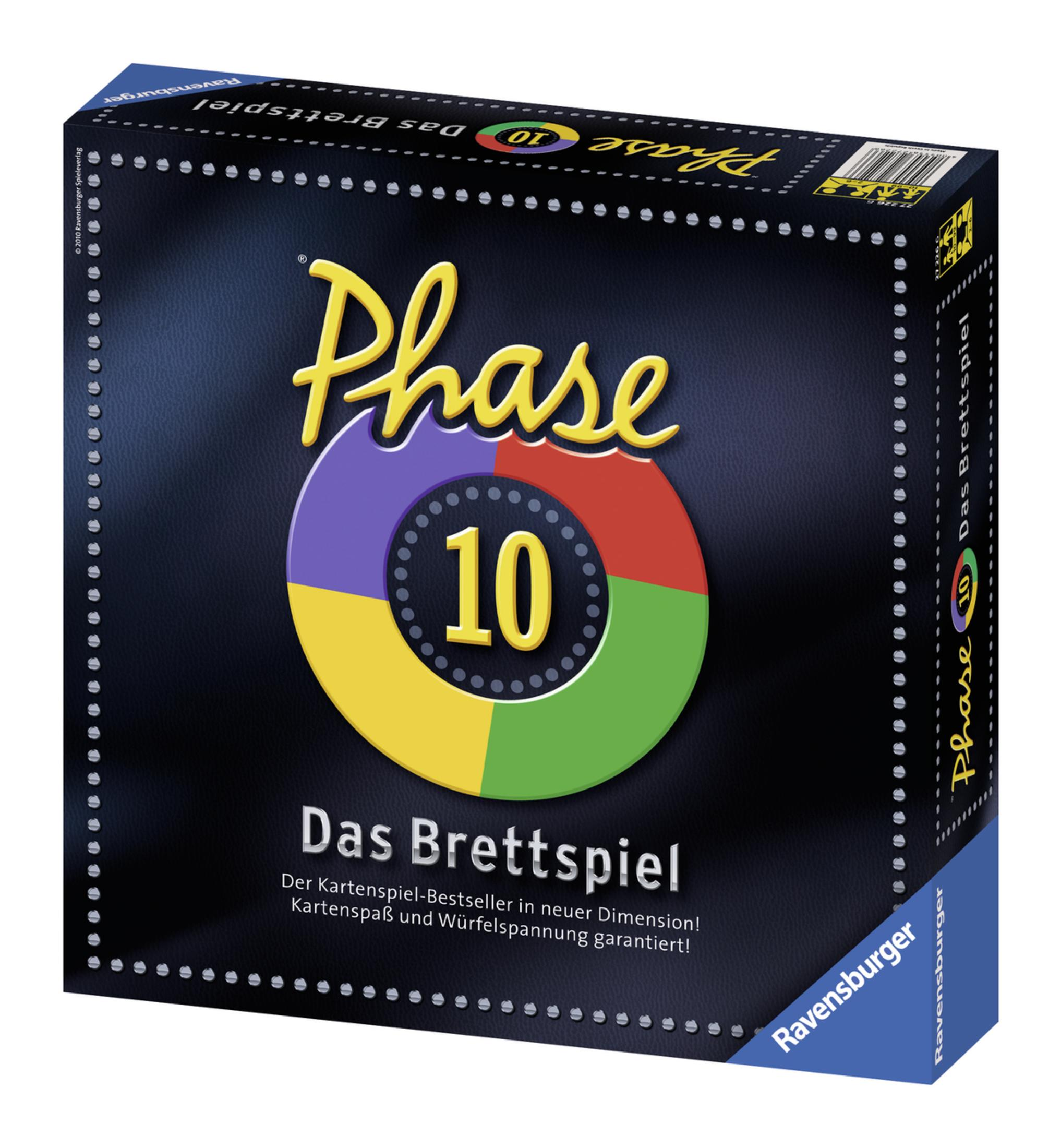 Eine schwarze Box mit bunten Kreisen mit der Aufschrift Phase 10, Das Brettspiel.