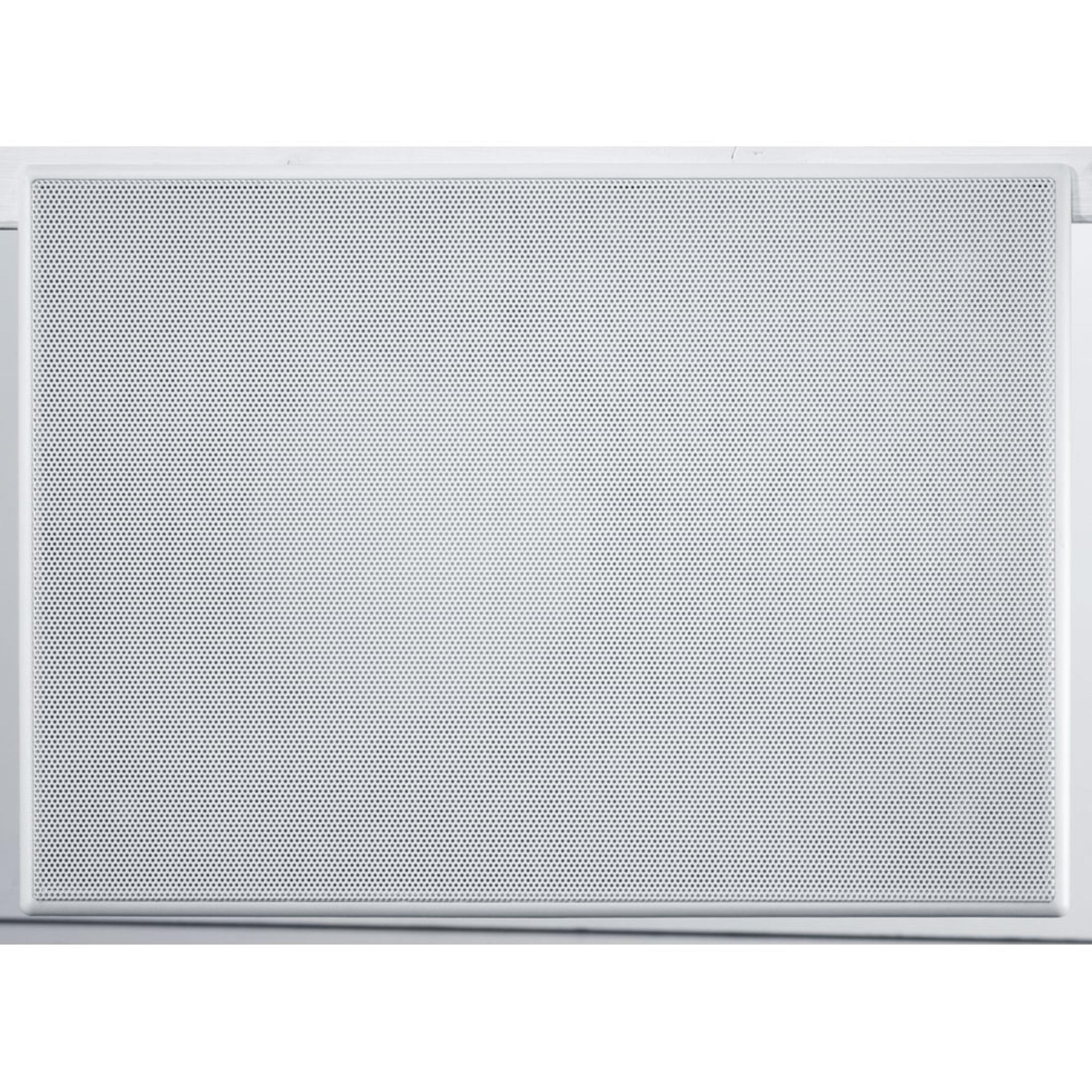 Ein weißes rechteckiges Panel mit kleinen Löchern. Das Panel hat ein Rastermuster.